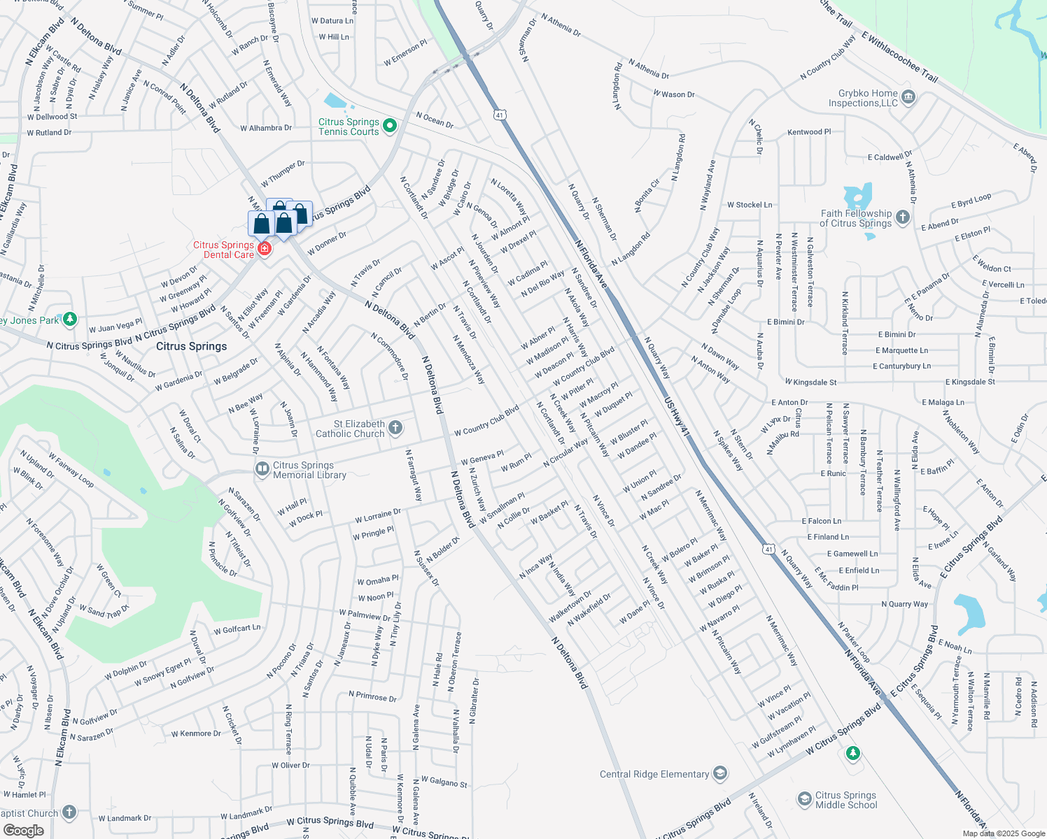 map of restaurants, bars, coffee shops, grocery stores, and more near 8916 North Travis Drive in Citrus Springs