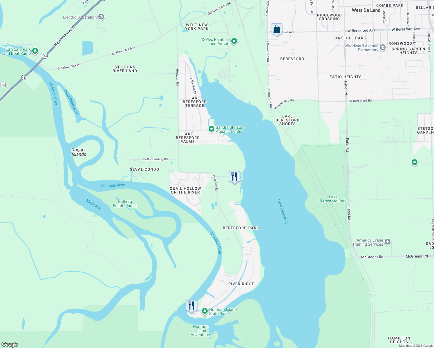 map of restaurants, bars, coffee shops, grocery stores, and more near 1901 Hontoon Road in DeLand