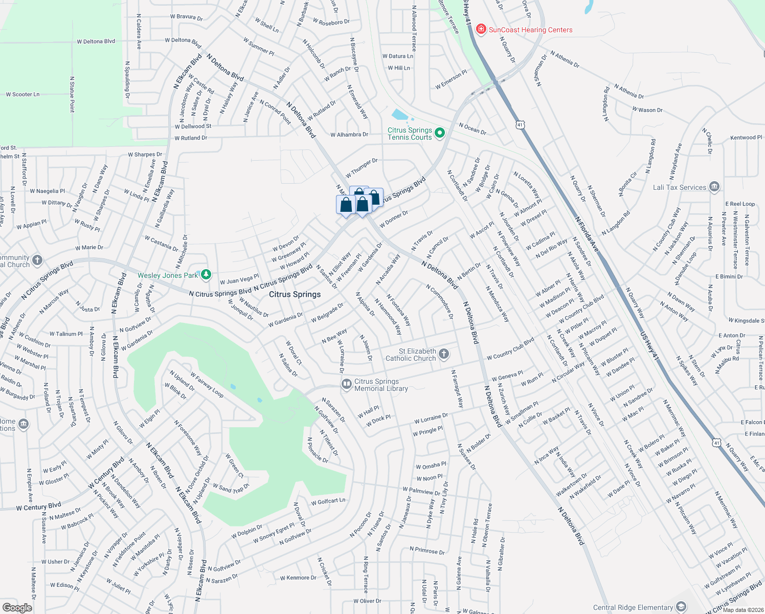 map of restaurants, bars, coffee shops, grocery stores, and more near 9141 North Hammond Way in Citrus Springs