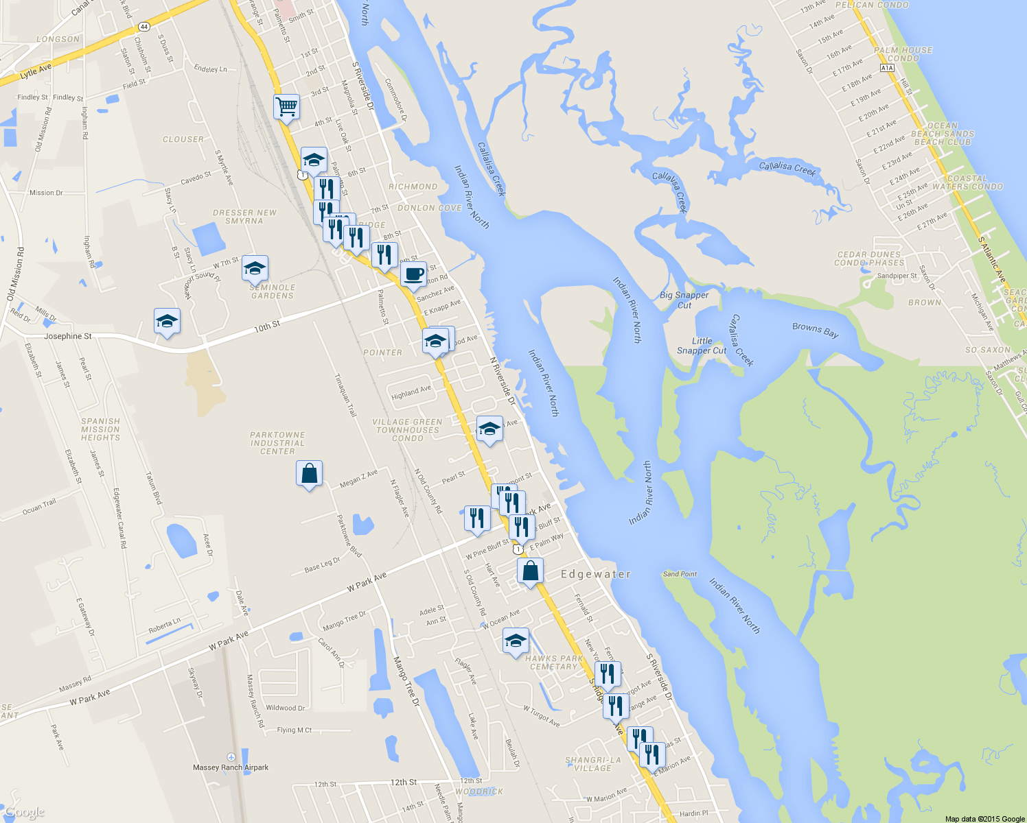 map of restaurants, bars, coffee shops, grocery stores, and more near 308 North Riverside Drive in Edgewater