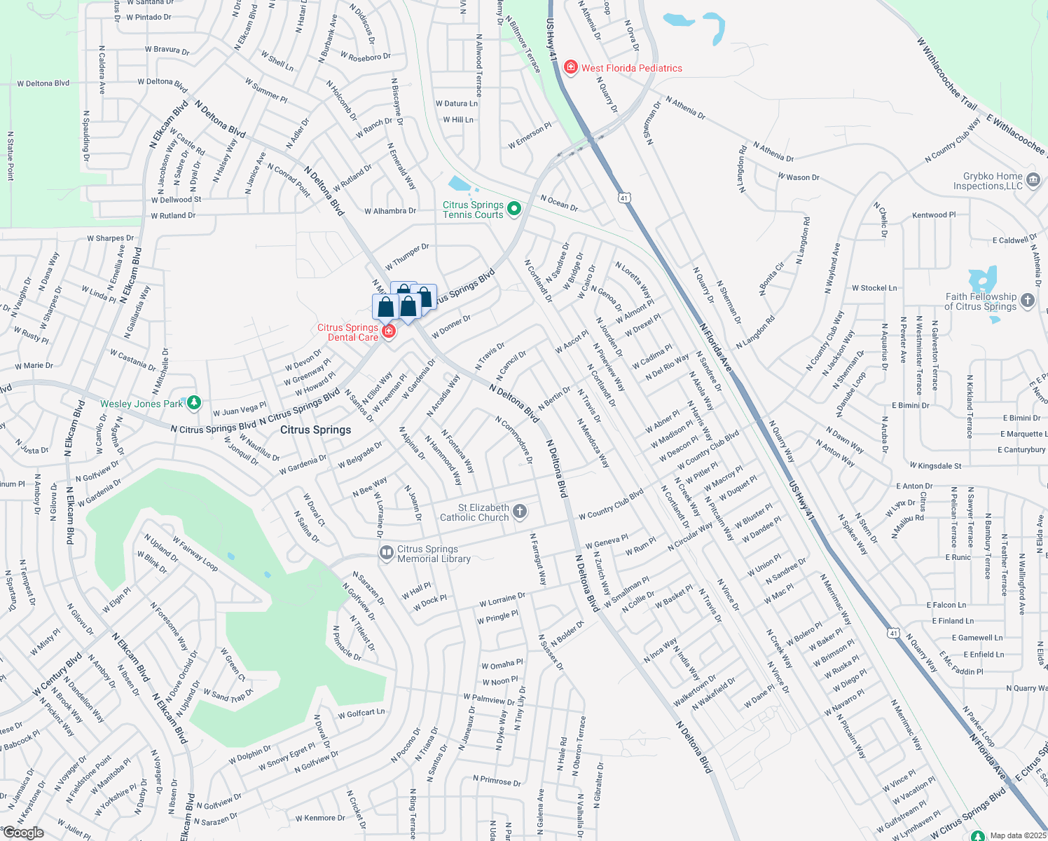 map of restaurants, bars, coffee shops, grocery stores, and more near 9232 North Bertin Drive in Citrus Springs