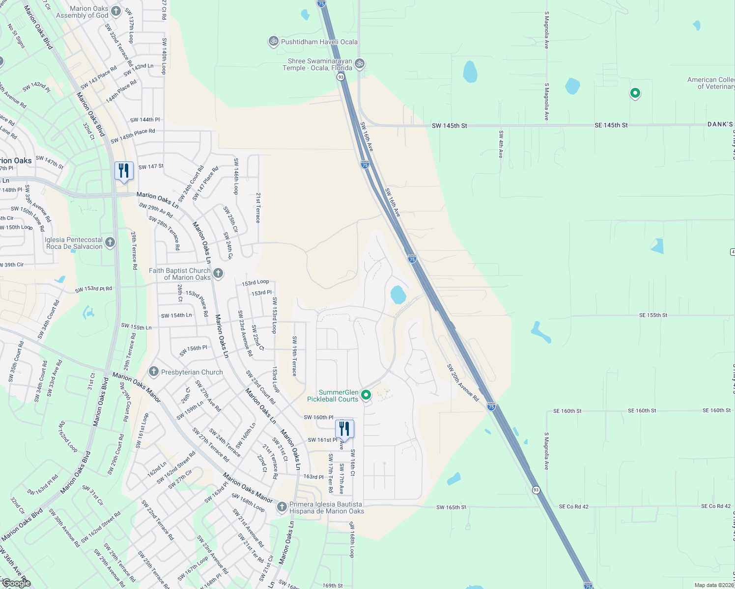 map of restaurants, bars, coffee shops, grocery stores, and more near 15399 Southwest 15th Terrace Road in Ocala