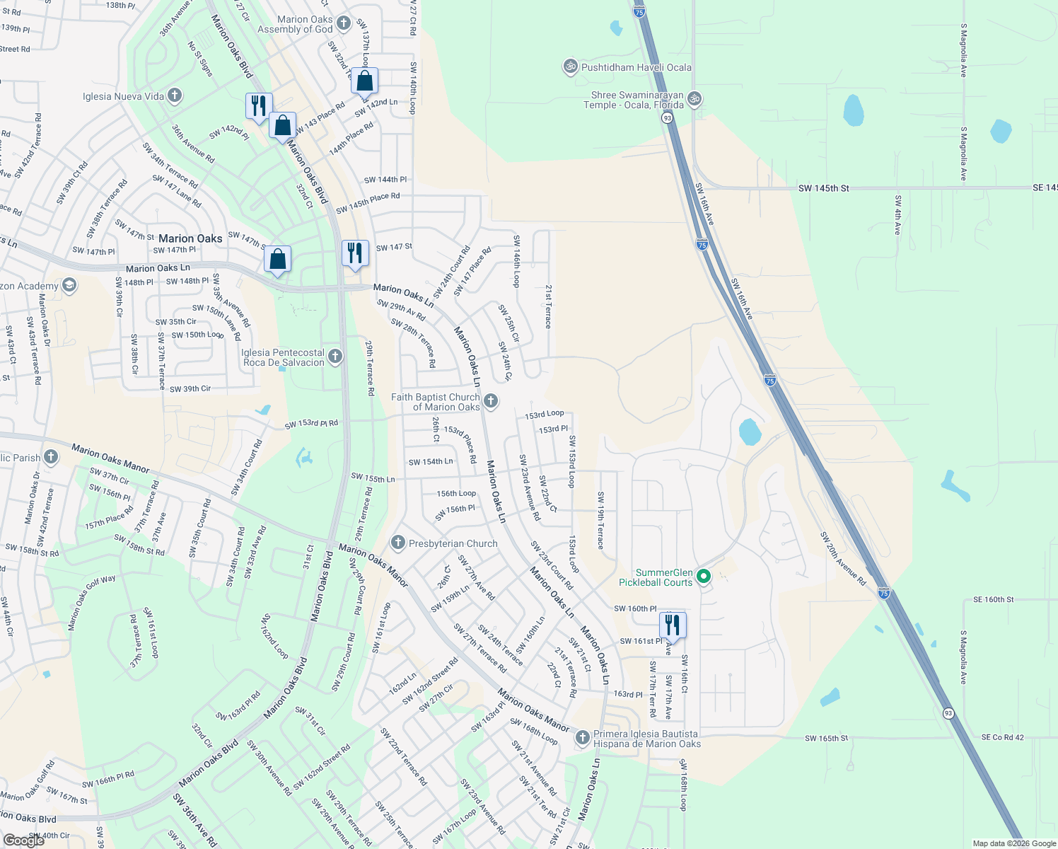 map of restaurants, bars, coffee shops, grocery stores, and more near 15370 Southwest 22nd Court Road in Ocala