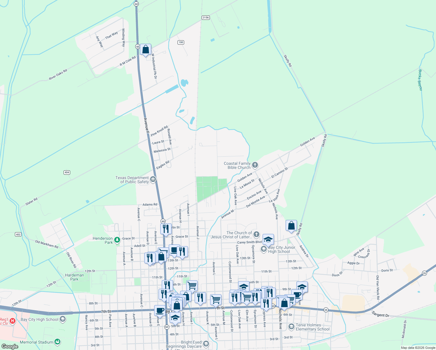 map of restaurants, bars, coffee shops, grocery stores, and more near 313 Cedar Vale Road in Bay City