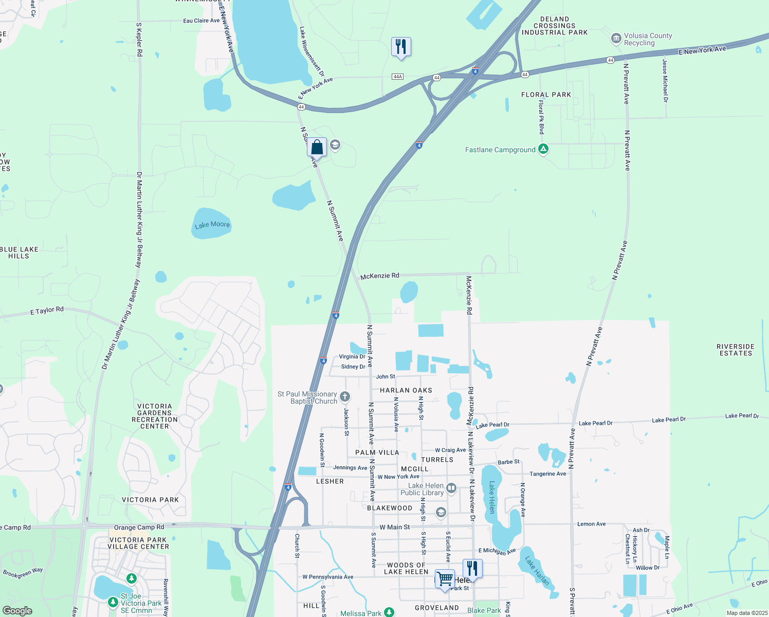 map of restaurants, bars, coffee shops, grocery stores, and more near 865 North Summit Avenue in Lake Helen
