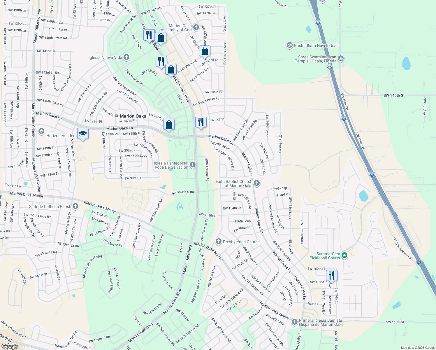map of restaurants, bars, coffee shops, grocery stores, and more near 15228 Southwest 28th Avenue Road in Ocala