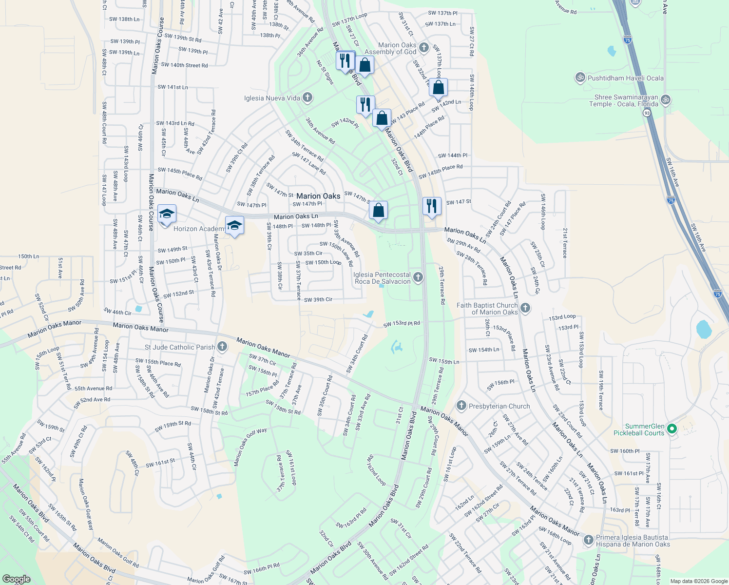map of restaurants, bars, coffee shops, grocery stores, and more near 15201 Southwest 35th Avenue Road in Ocala