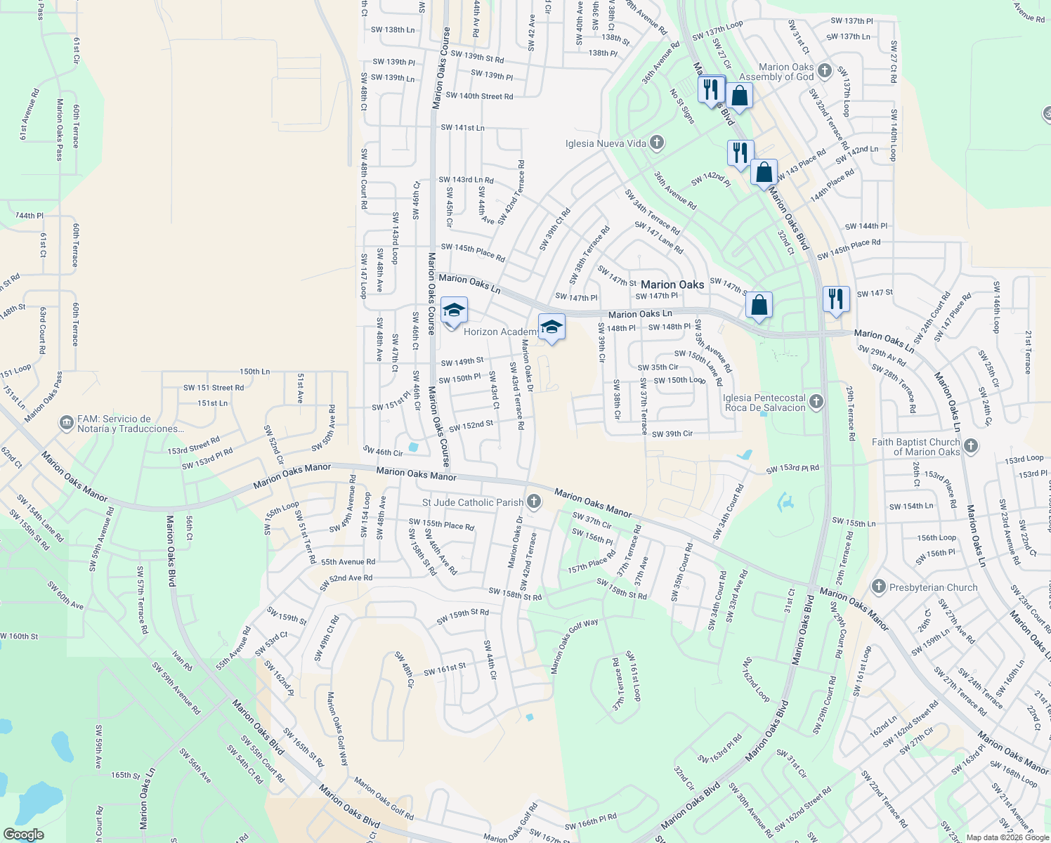 map of restaurants, bars, coffee shops, grocery stores, and more near 15201 Southwest 43rd Terrace Road in Ocala