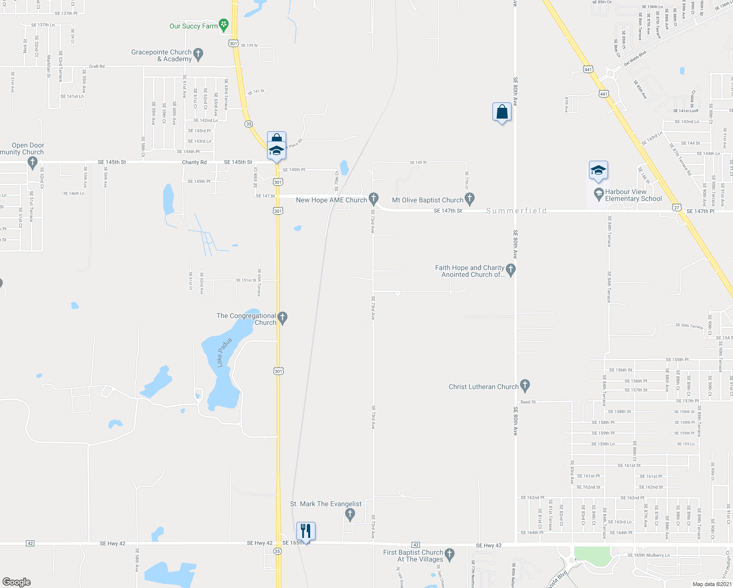 map of restaurants, bars, coffee shops, grocery stores, and more near 15176 SE 73rd Ave in Summerfield