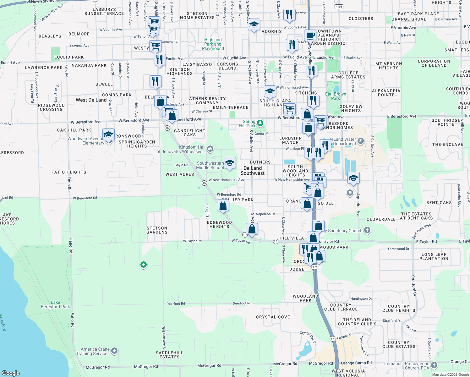map of restaurants, bars, coffee shops, grocery stores, and more near 626 Wilson Avenue in DeLand