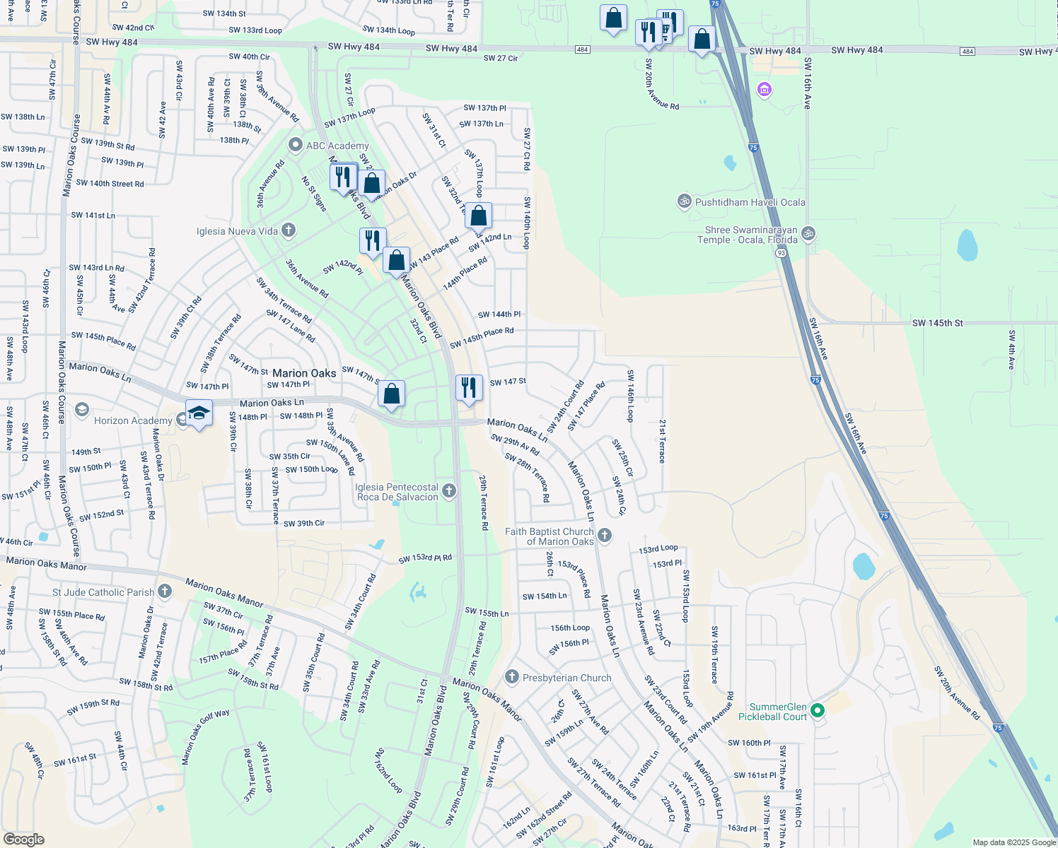 map of restaurants, bars, coffee shops, grocery stores, and more near 335 Marion Oaks Lane in Ocala