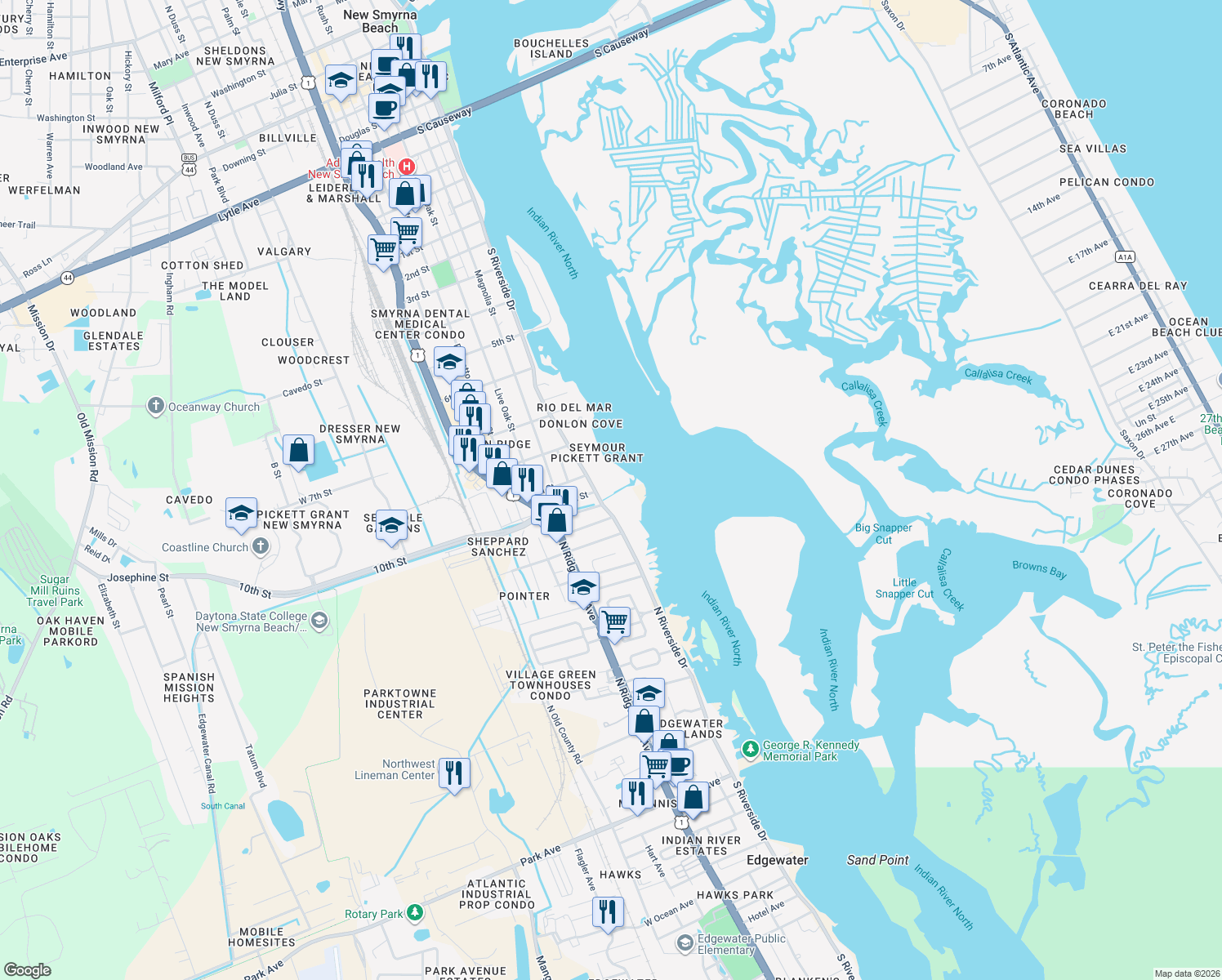 map of restaurants, bars, coffee shops, grocery stores, and more near 1801 South Riverside Drive in New Smyrna Beach