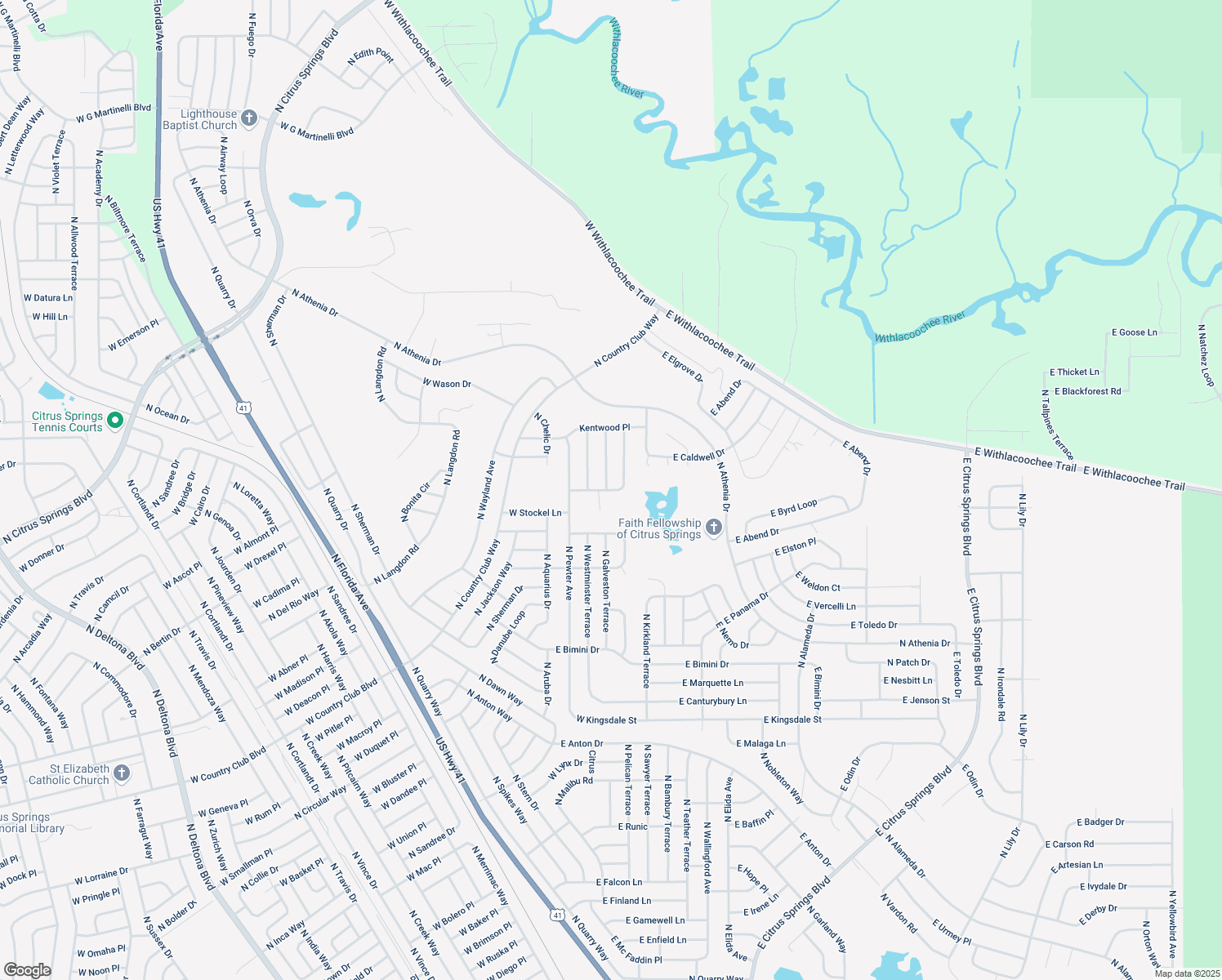map of restaurants, bars, coffee shops, grocery stores, and more near 174 East Ambassador Lane in Citrus Springs