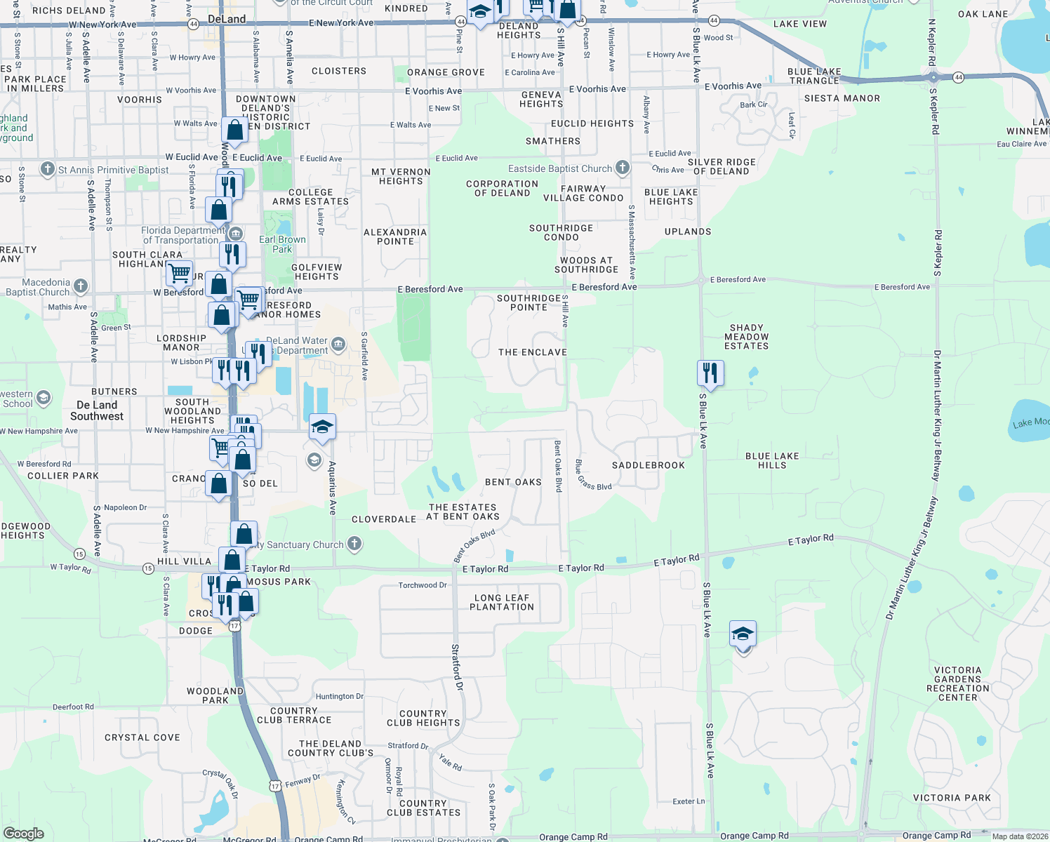map of restaurants, bars, coffee shops, grocery stores, and more near 1010 Geryl Way in DeLand