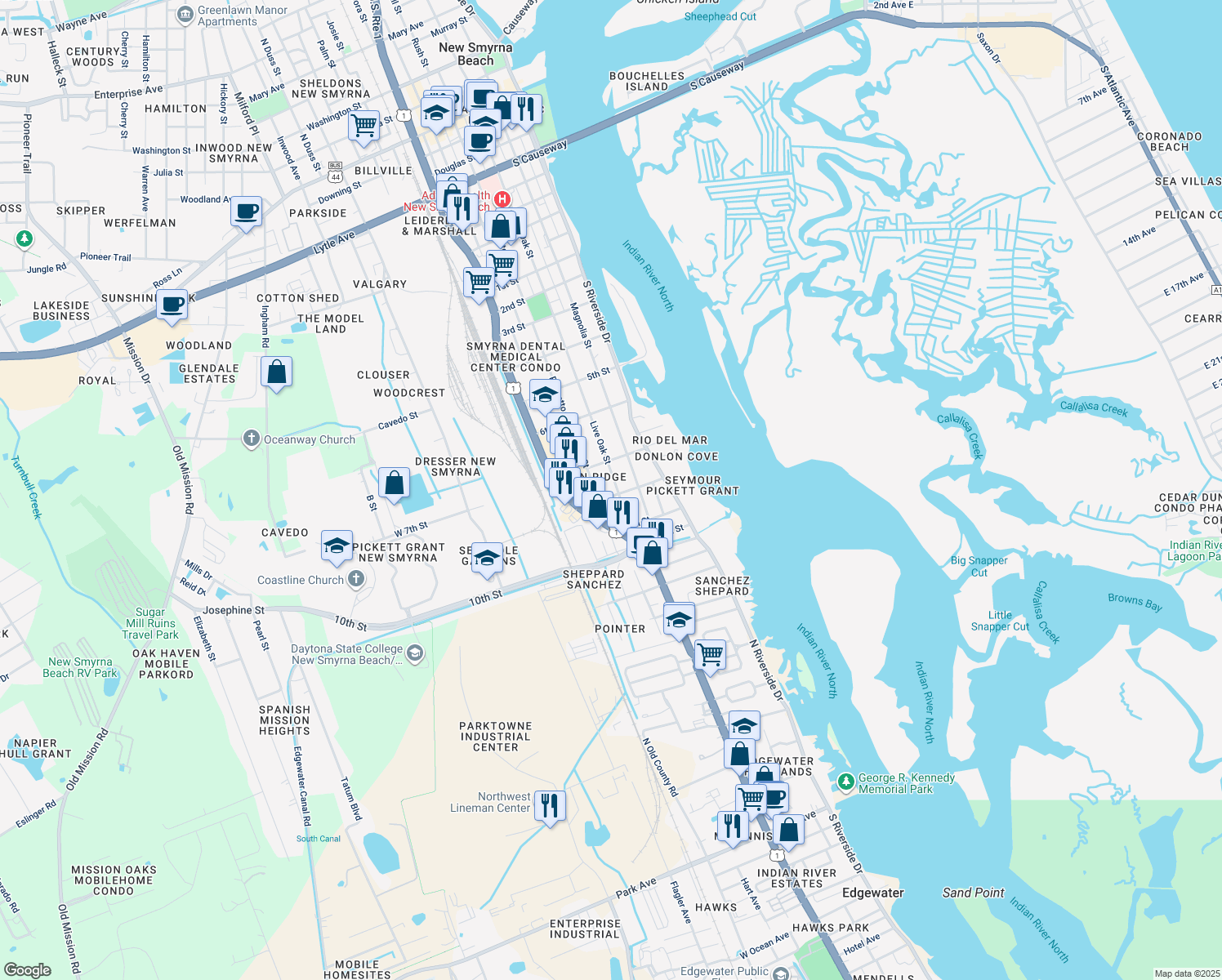 map of restaurants, bars, coffee shops, grocery stores, and more near 1510 Live Oak Street in New Smyrna Beach