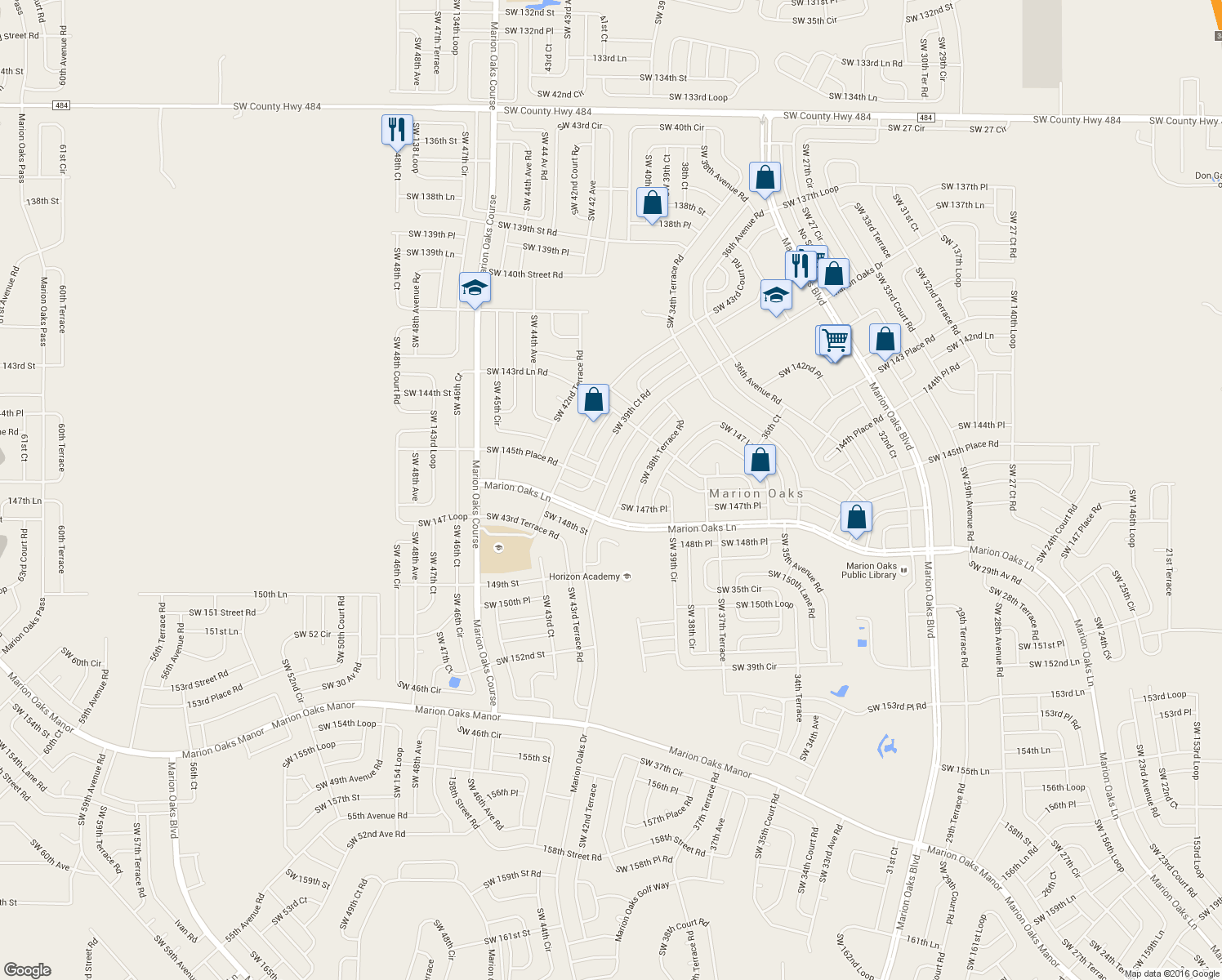 map of restaurants, bars, coffee shops, grocery stores, and more near 325 Marion Oaks Drive in Ocala