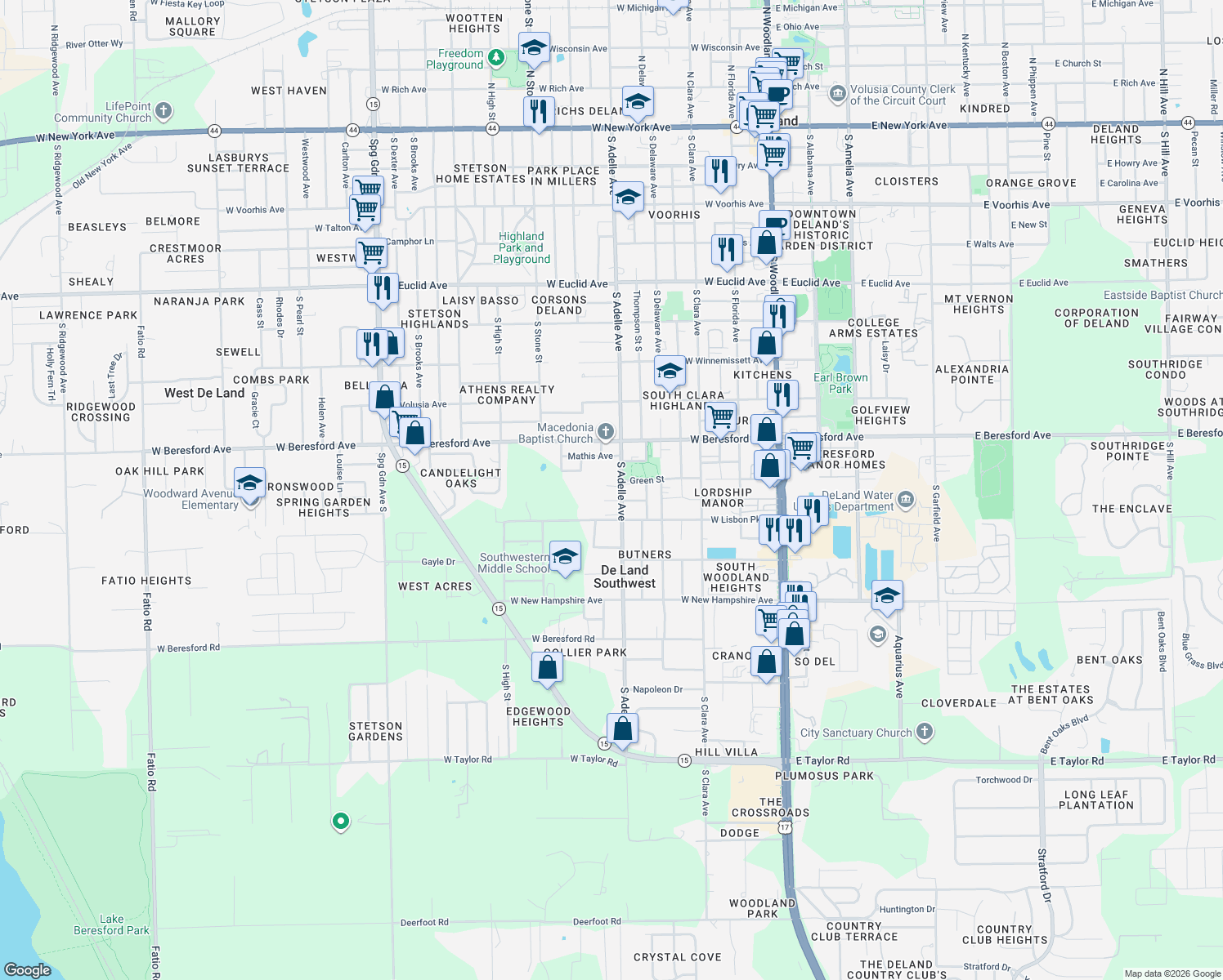 map of restaurants, bars, coffee shops, grocery stores, and more near 512 Green Street in DeLand
