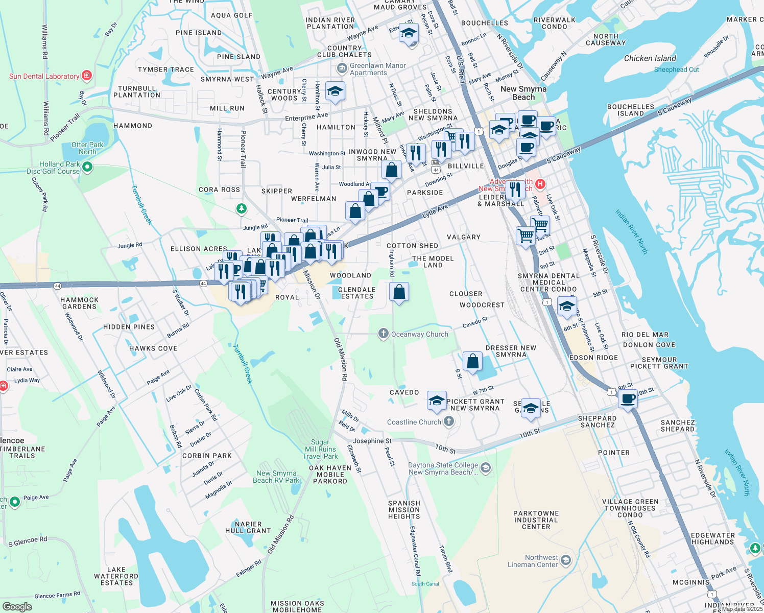 map of restaurants, bars, coffee shops, grocery stores, and more near 600 Ingham Road in New Smyrna Beach