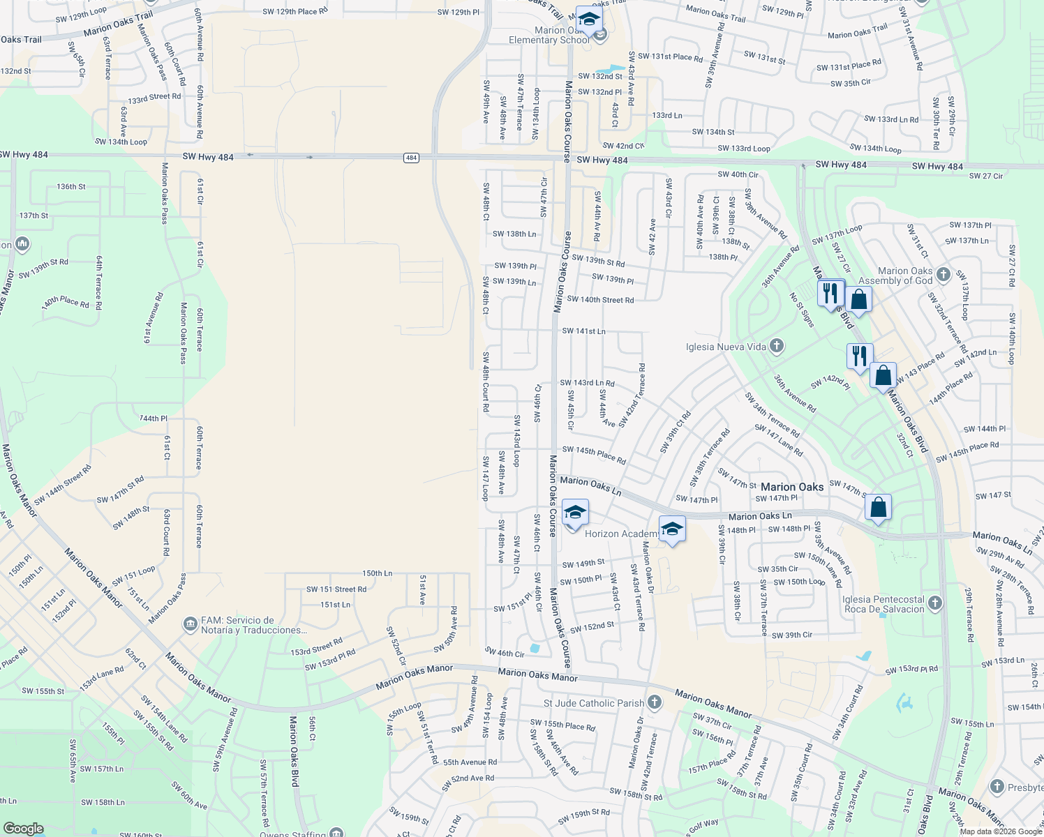map of restaurants, bars, coffee shops, grocery stores, and more near 4778 Southwest 143rd Loop in Ocala