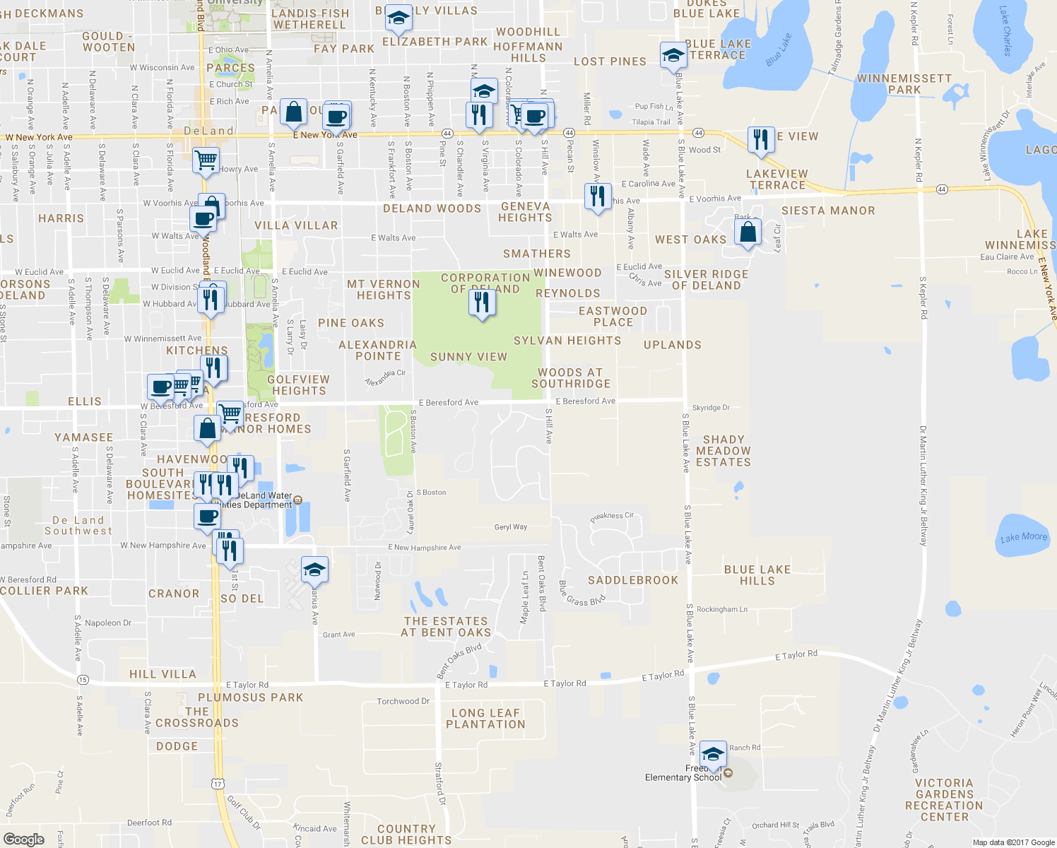 map of restaurants, bars, coffee shops, grocery stores, and more near 103 Serenola Court in DeLand