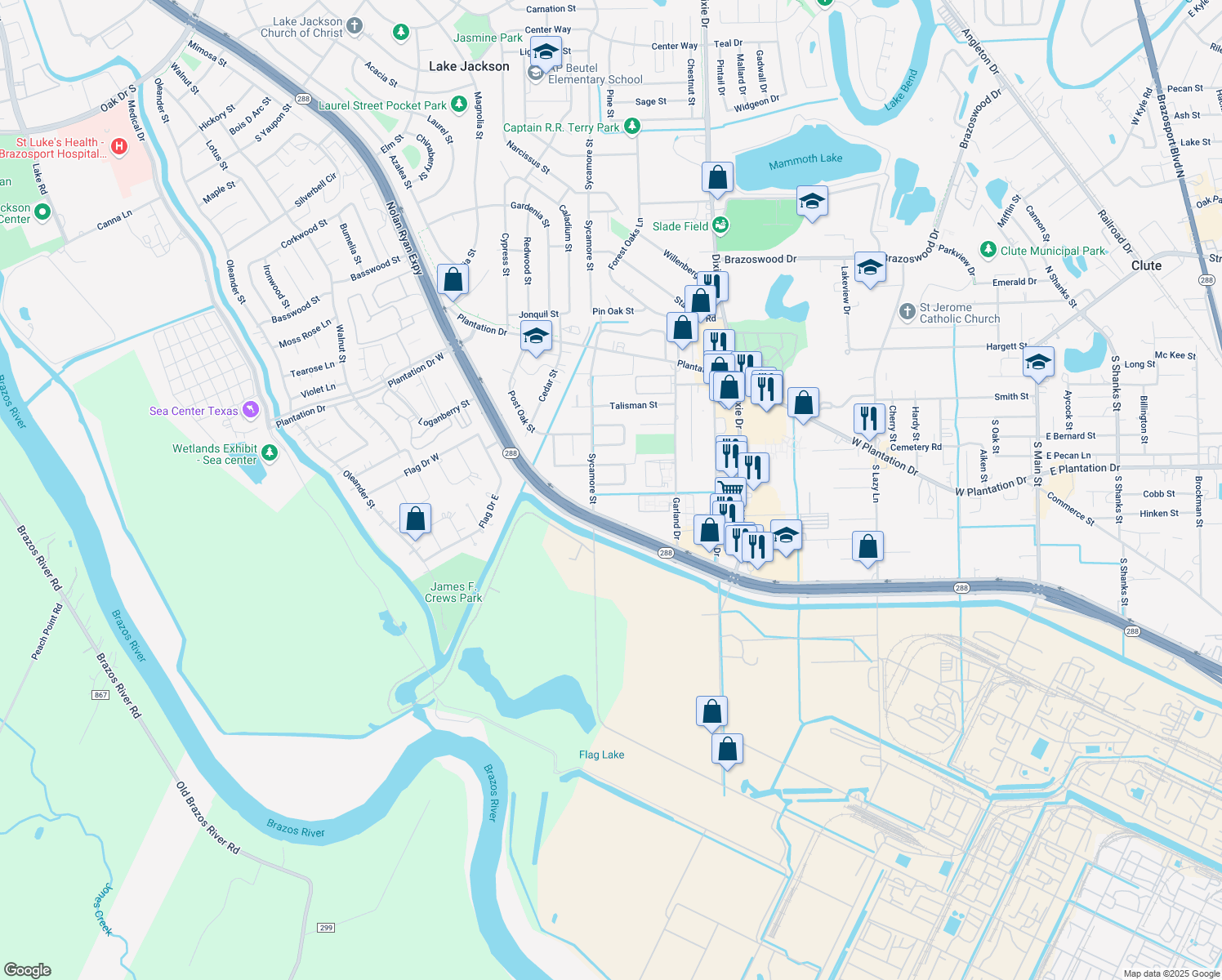 map of restaurants, bars, coffee shops, grocery stores, and more near 117 Honeysuckle Street in Lake Jackson