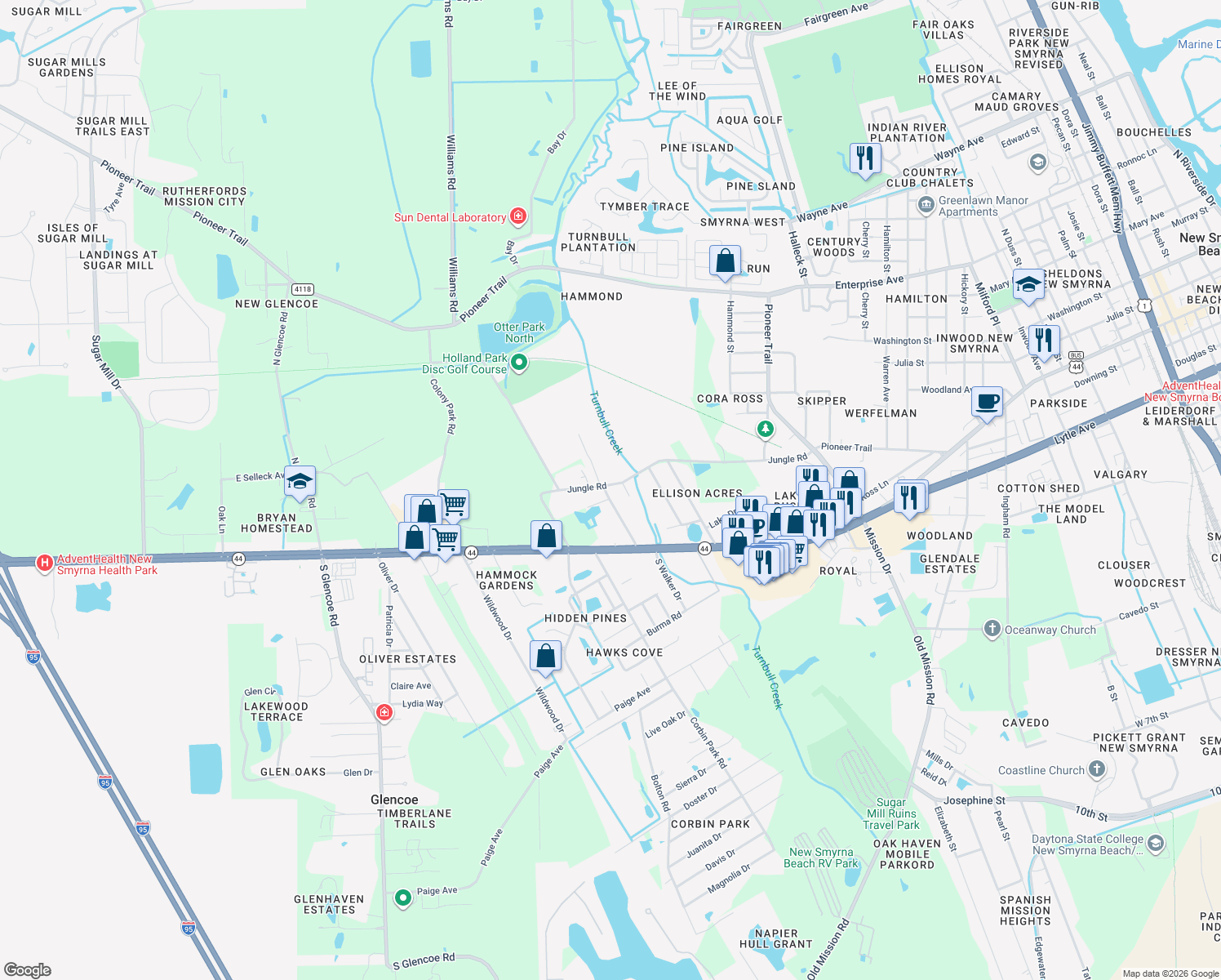 map of restaurants, bars, coffee shops, grocery stores, and more near 127 Linda Road in New Smyrna Beach