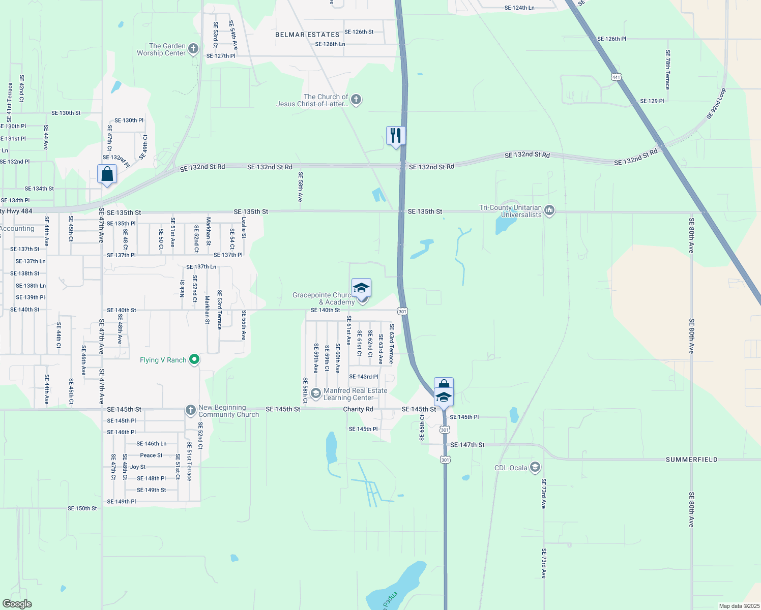 map of restaurants, bars, coffee shops, grocery stores, and more near 6287 Southeast 140th Street in Summerfield
