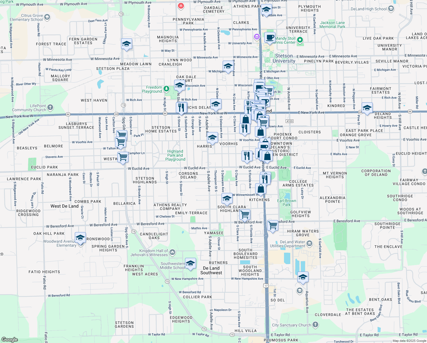 map of restaurants, bars, coffee shops, grocery stores, and more near 512 South Thompson Avenue in DeLand