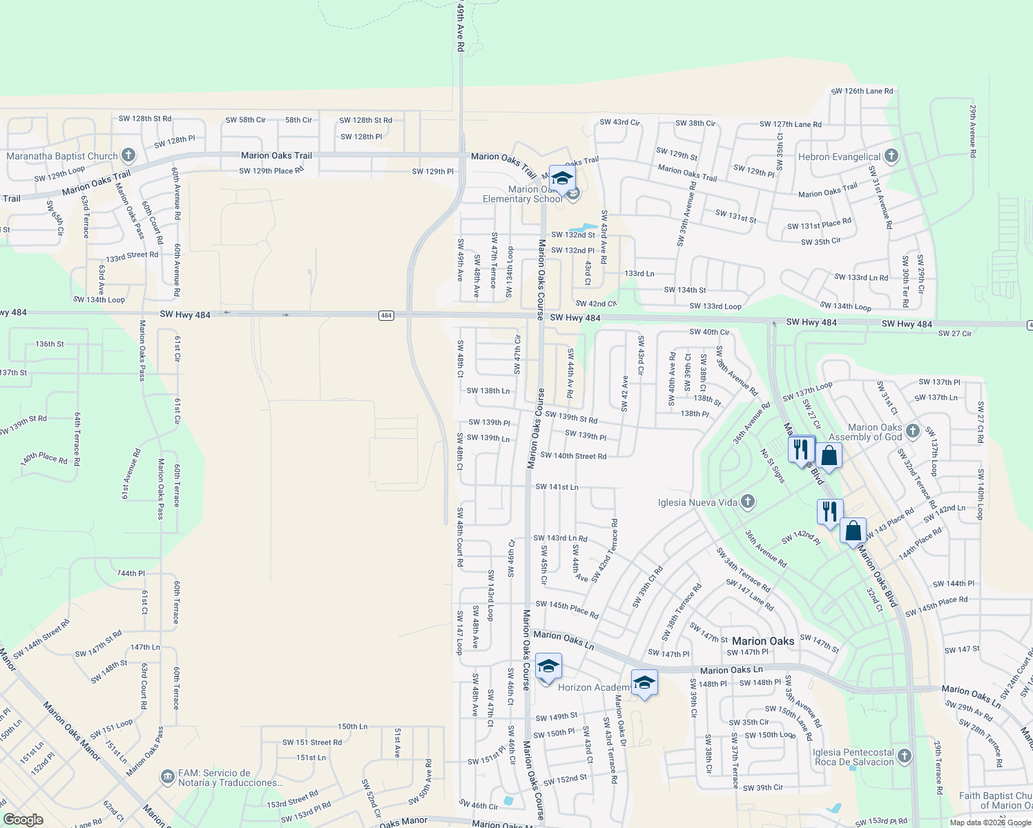 map of restaurants, bars, coffee shops, grocery stores, and more near 4700 Southwest 139th Street Road in Ocala