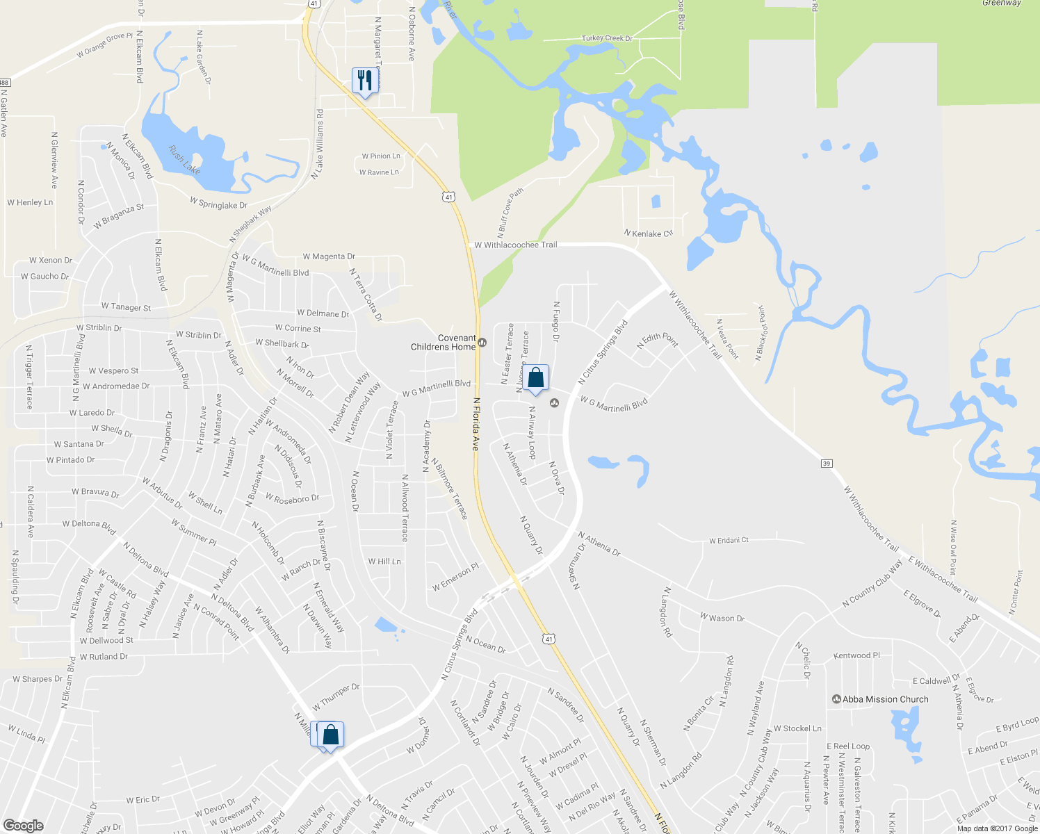 map of restaurants, bars, coffee shops, grocery stores, and more near 1111 West Franconia Lane in Citrus Springs