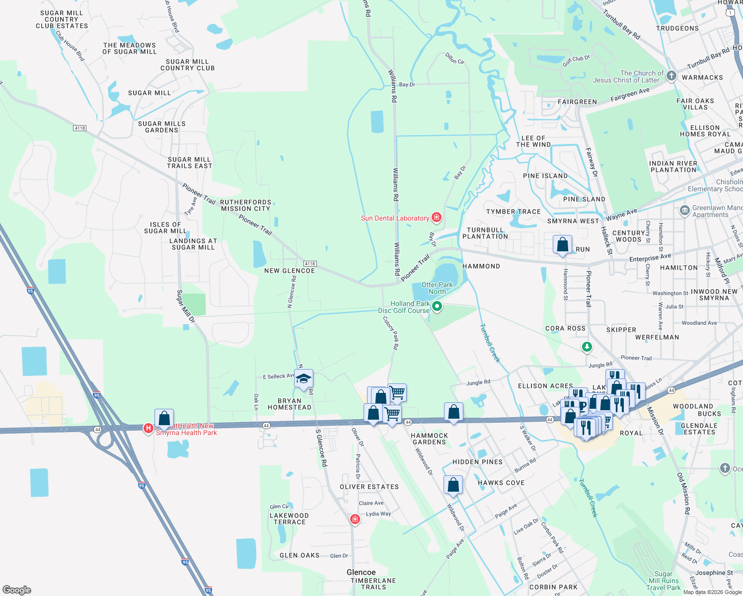 map of restaurants, bars, coffee shops, grocery stores, and more near 2260 Pioneer Trail in New Smyrna Beach