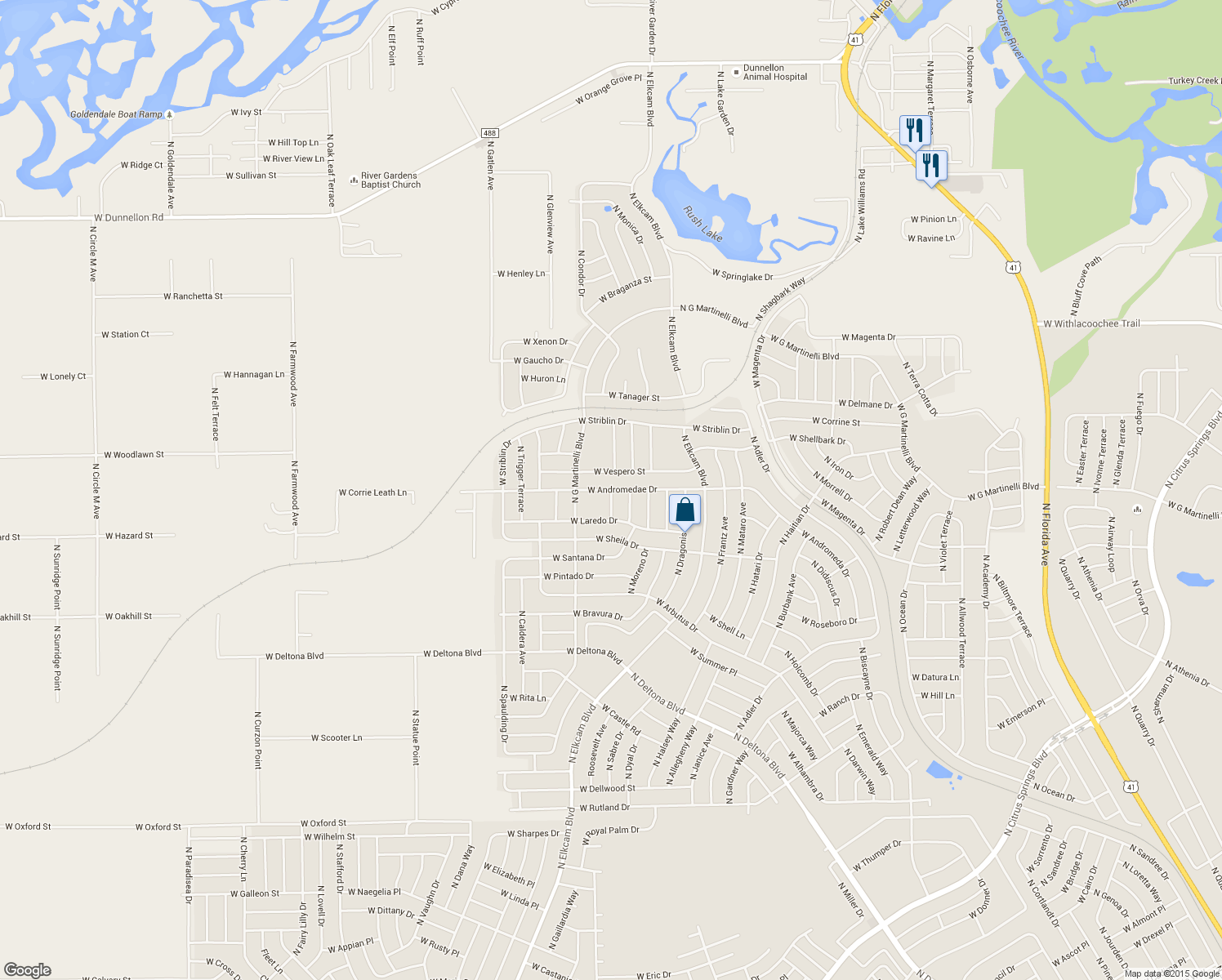 map of restaurants, bars, coffee shops, grocery stores, and more near 2641 West Andromedae Drive in Citrus Springs