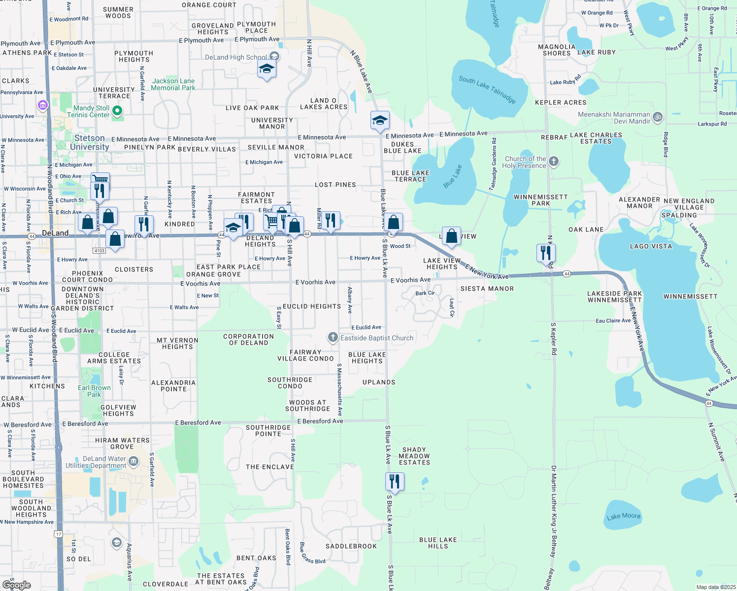 map of restaurants, bars, coffee shops, grocery stores, and more near 311 Wade Ave in DeLand