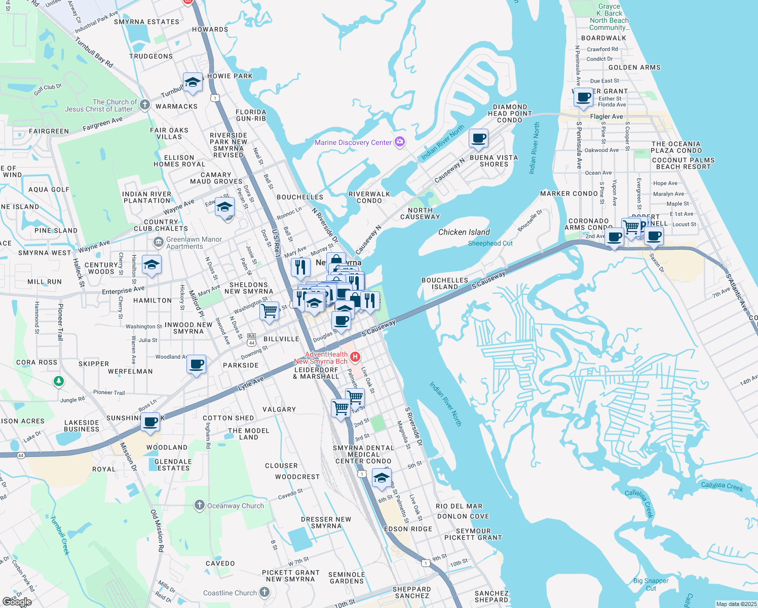 map of restaurants, bars, coffee shops, grocery stores, and more near 105 South Riverside Drive in New Smyrna Beach