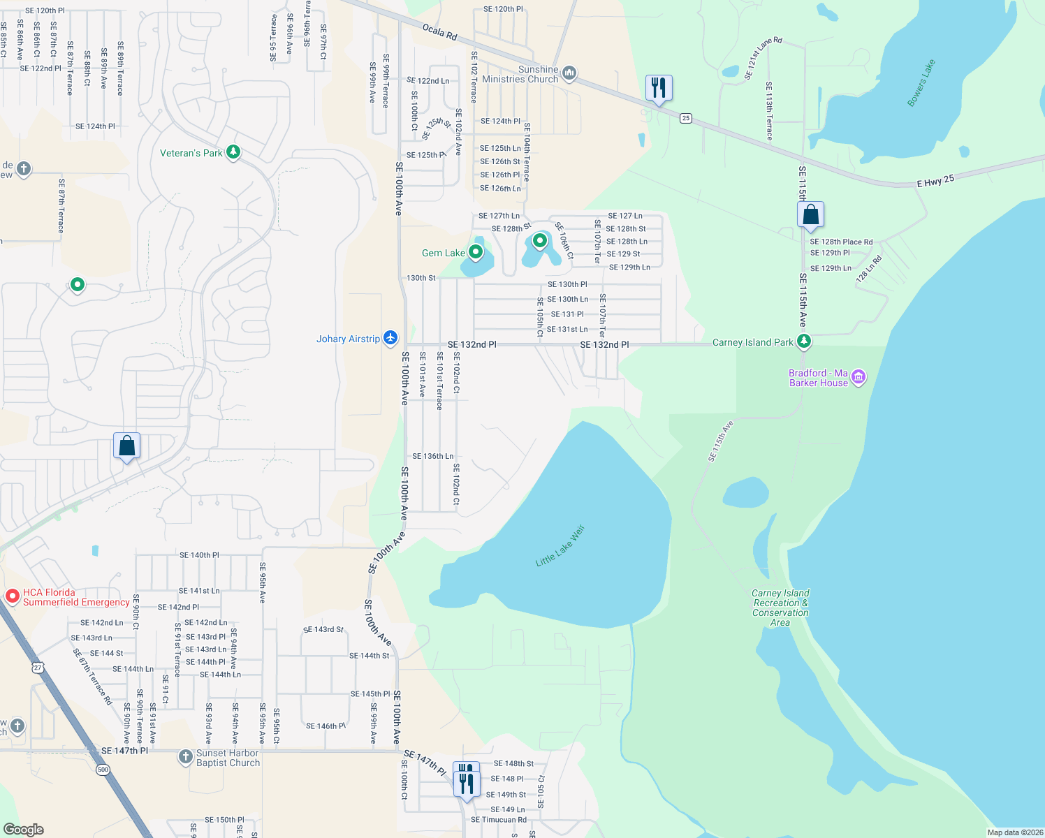 map of restaurants, bars, coffee shops, grocery stores, and more near 10520 Southeast 138th Place Road in Summerfield