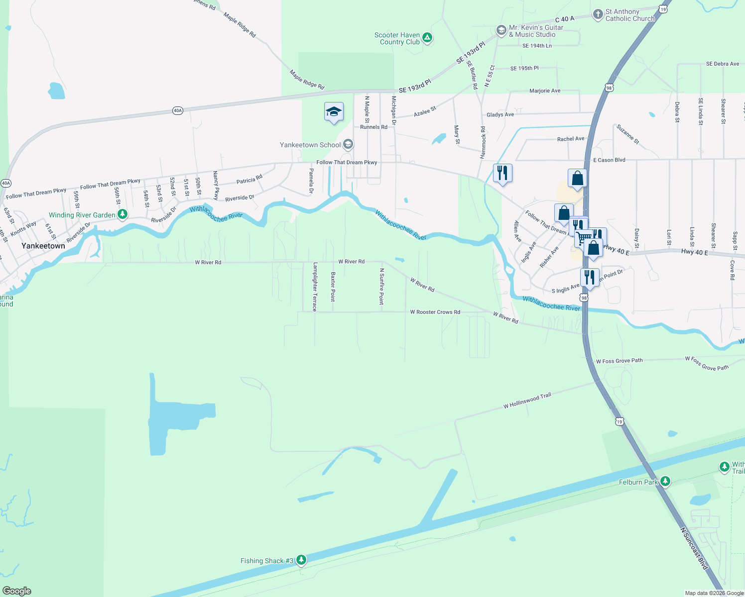 map of restaurants, bars, coffee shops, grocery stores, and more near 15109 West Rooster Crows Road in Inglis