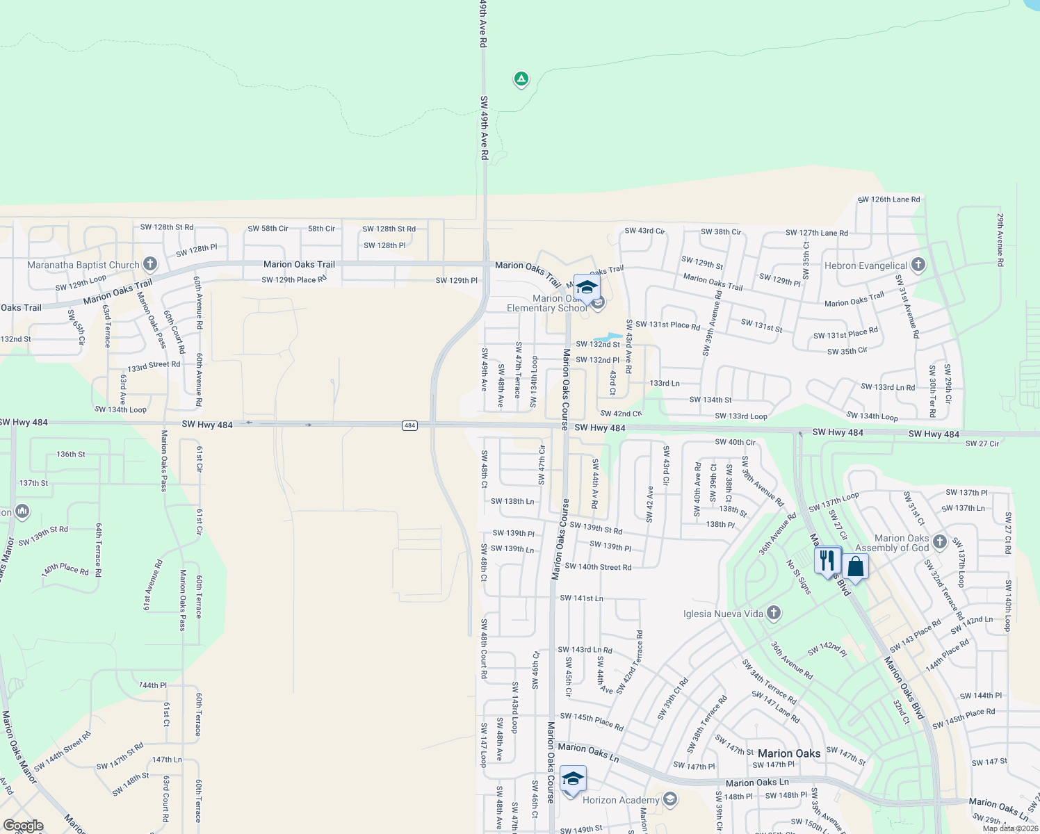 map of restaurants, bars, coffee shops, grocery stores, and more near 4829 SW 134th Loop in Ocala