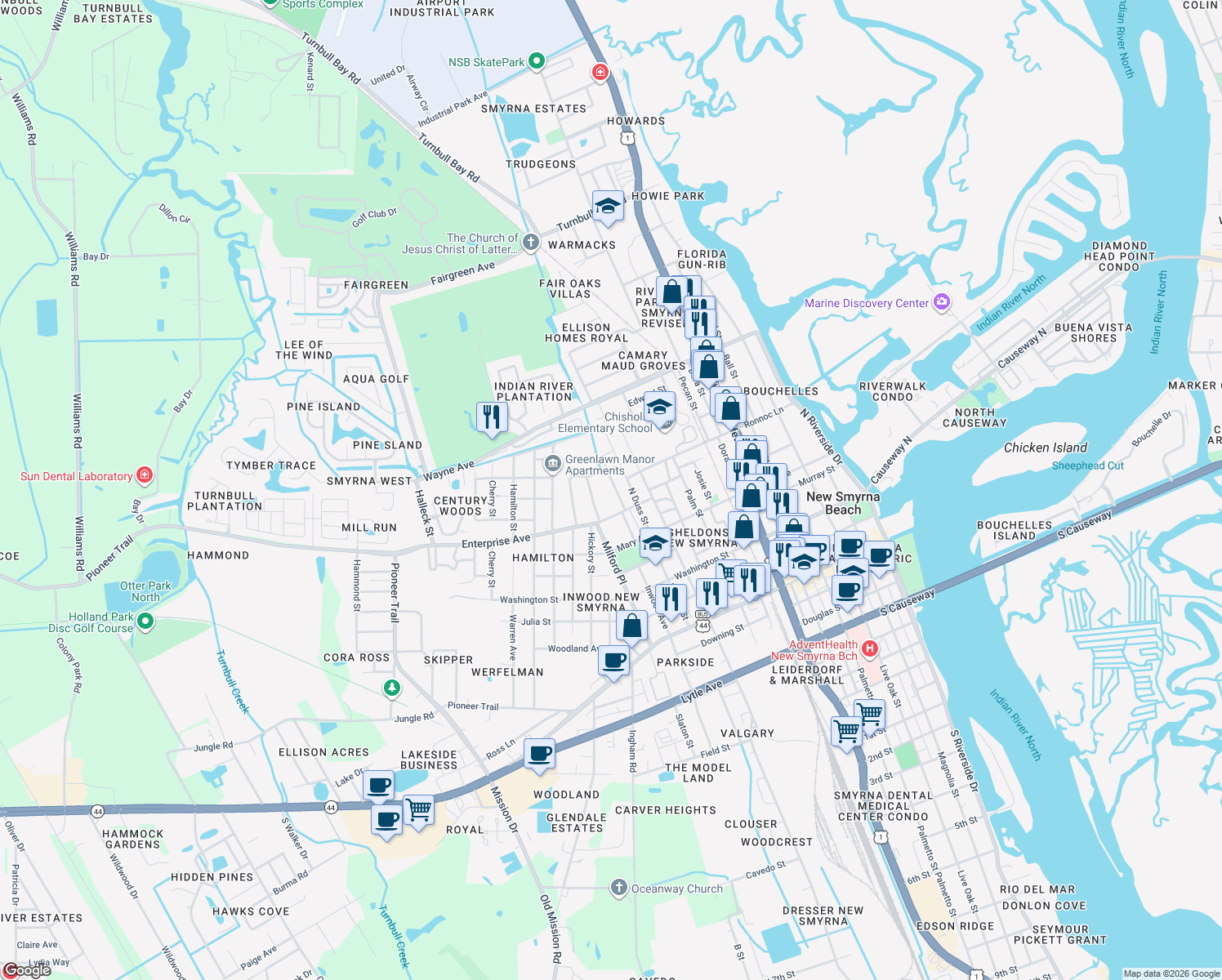 map of restaurants, bars, coffee shops, grocery stores, and more near 516 Sinnka Street in New Smyrna Beach