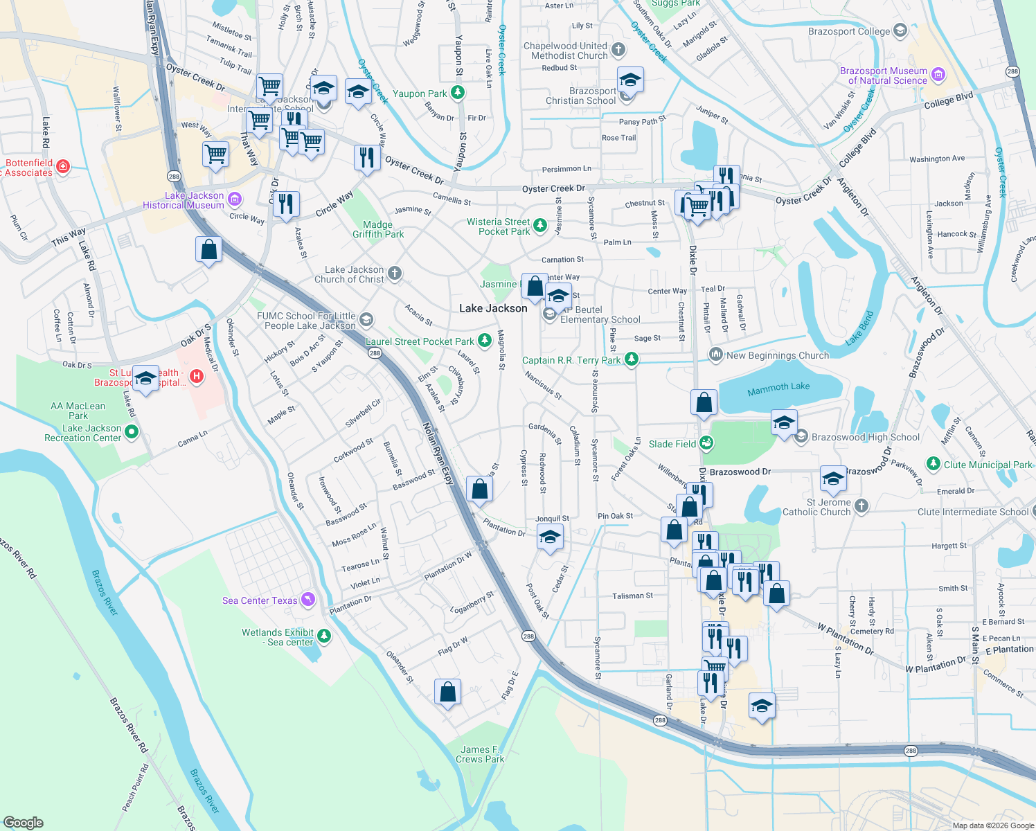 map of restaurants, bars, coffee shops, grocery stores, and more near 118 Cypress St in Lake Jackson