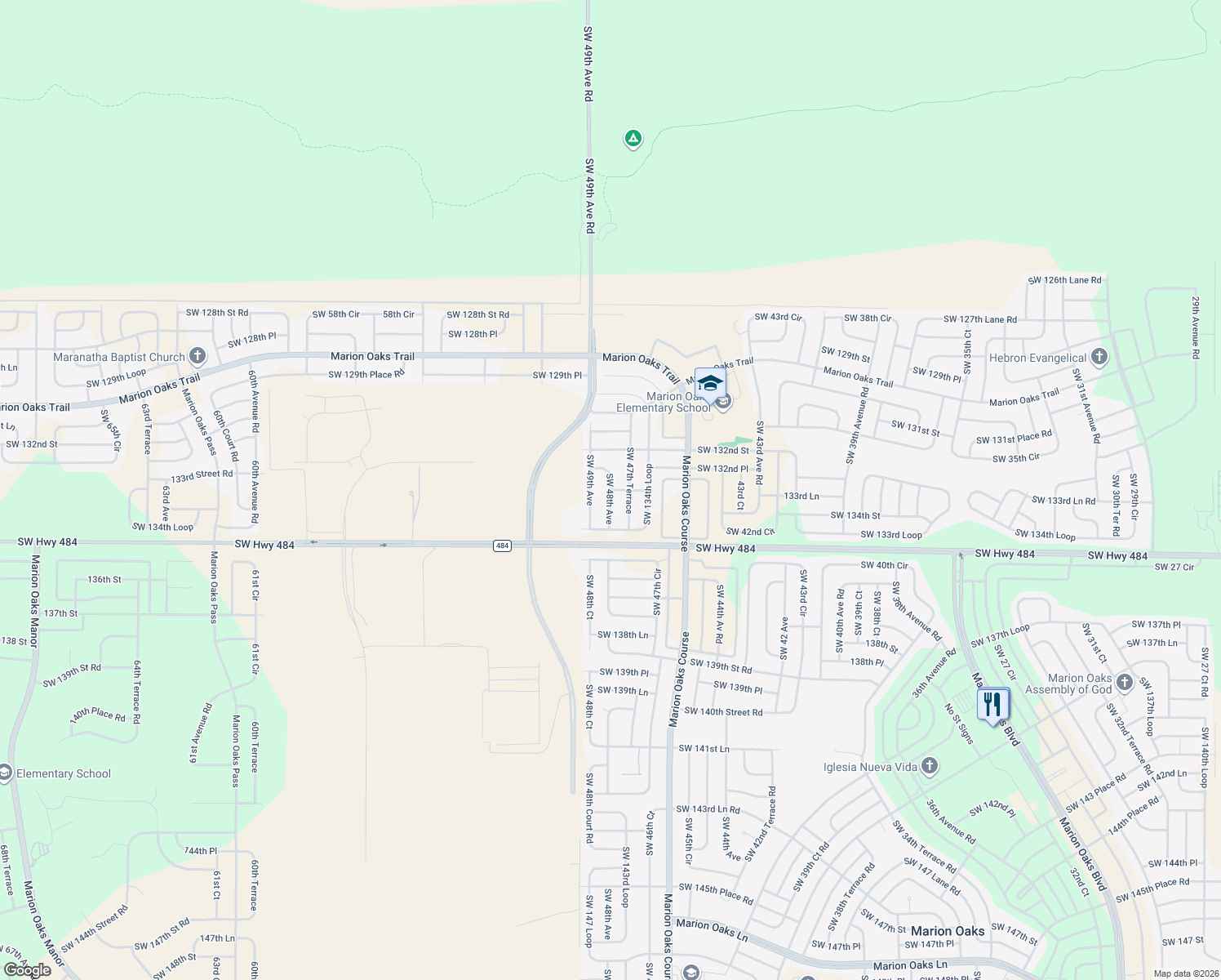 map of restaurants, bars, coffee shops, grocery stores, and more near 7311 Southwest 133rd Lane in Ocala