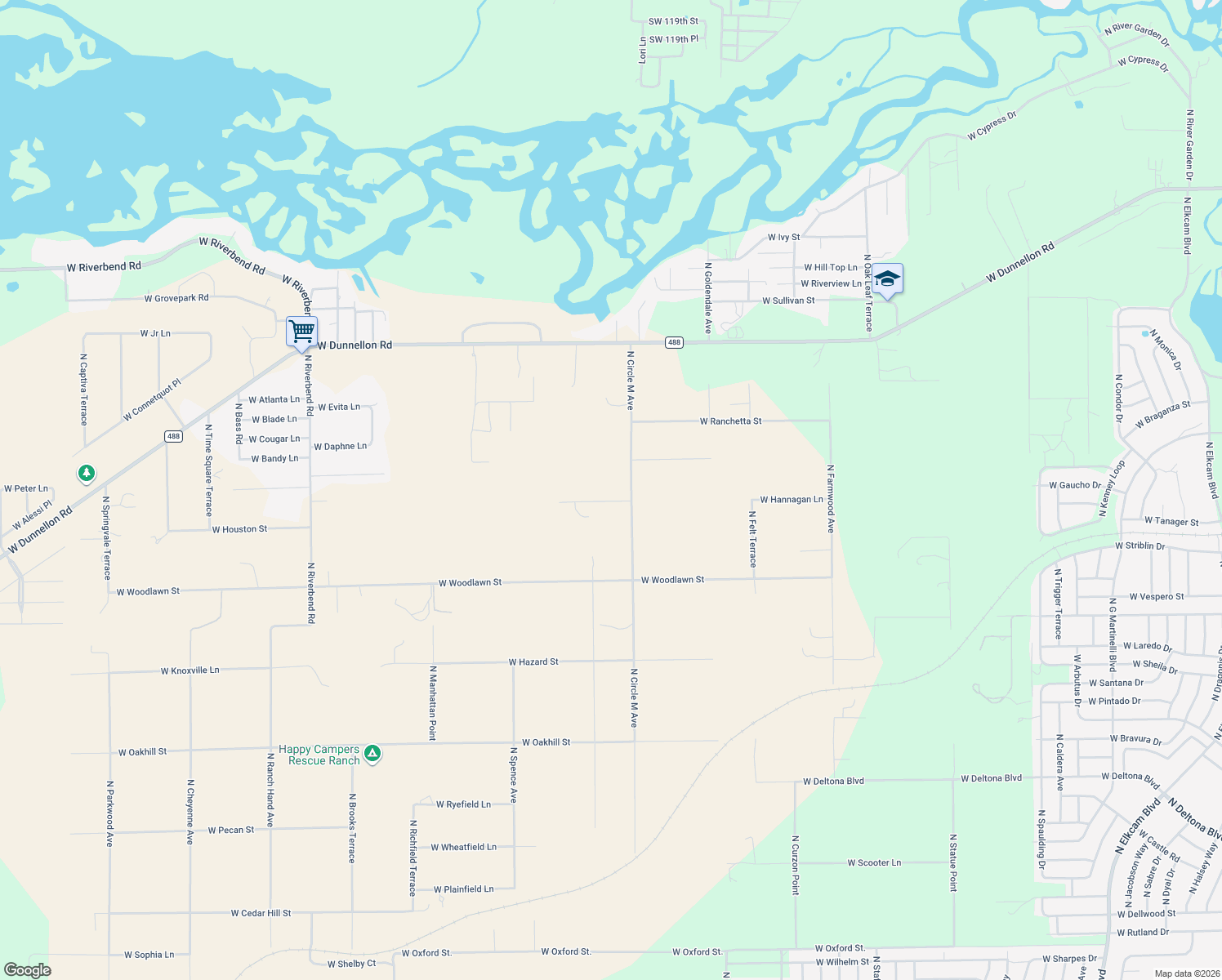 map of restaurants, bars, coffee shops, grocery stores, and more near 11380 North Circle M Avenue in Dunnellon