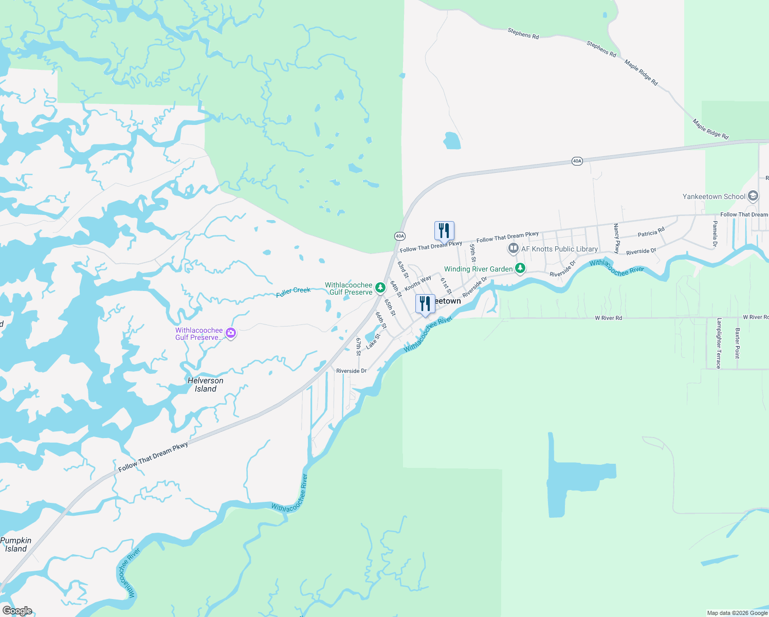 map of restaurants, bars, coffee shops, grocery stores, and more near 31 65th St in Yankeetown