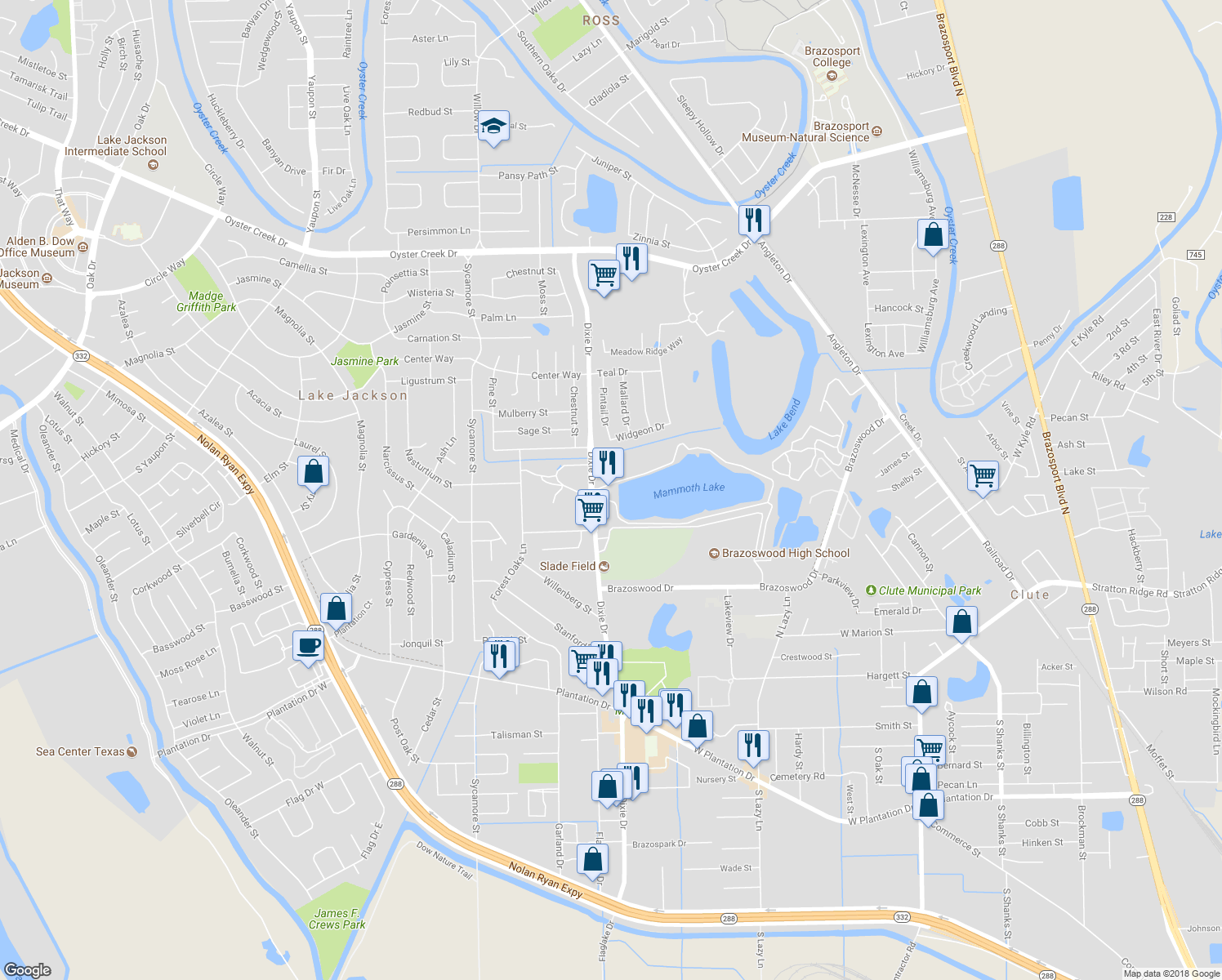 map of restaurants, bars, coffee shops, grocery stores, and more near 330 Dixie Drive in Lake Jackson