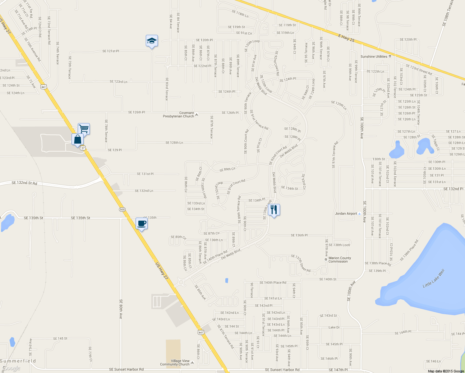 map of restaurants, bars, coffee shops, grocery stores, and more near 13239 Southeast 91st Court Road in Summerfield