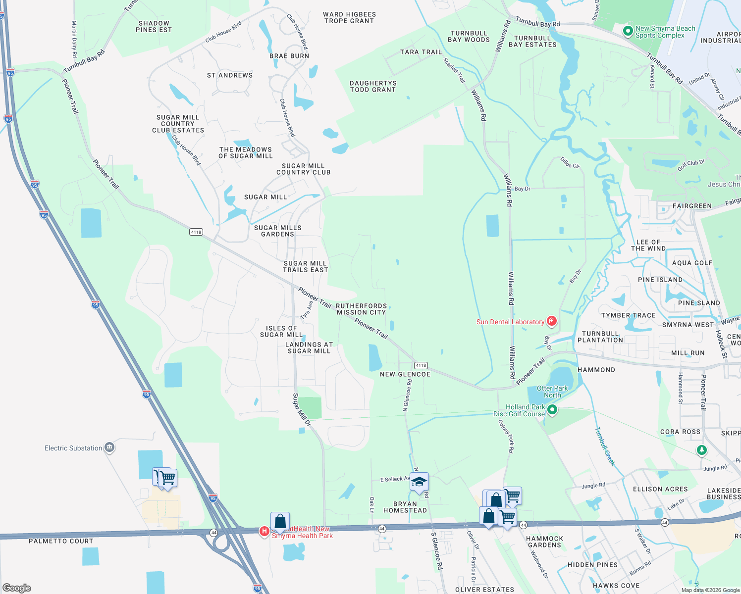 map of restaurants, bars, coffee shops, grocery stores, and more near 700 Alberta Street in New Smyrna Beach