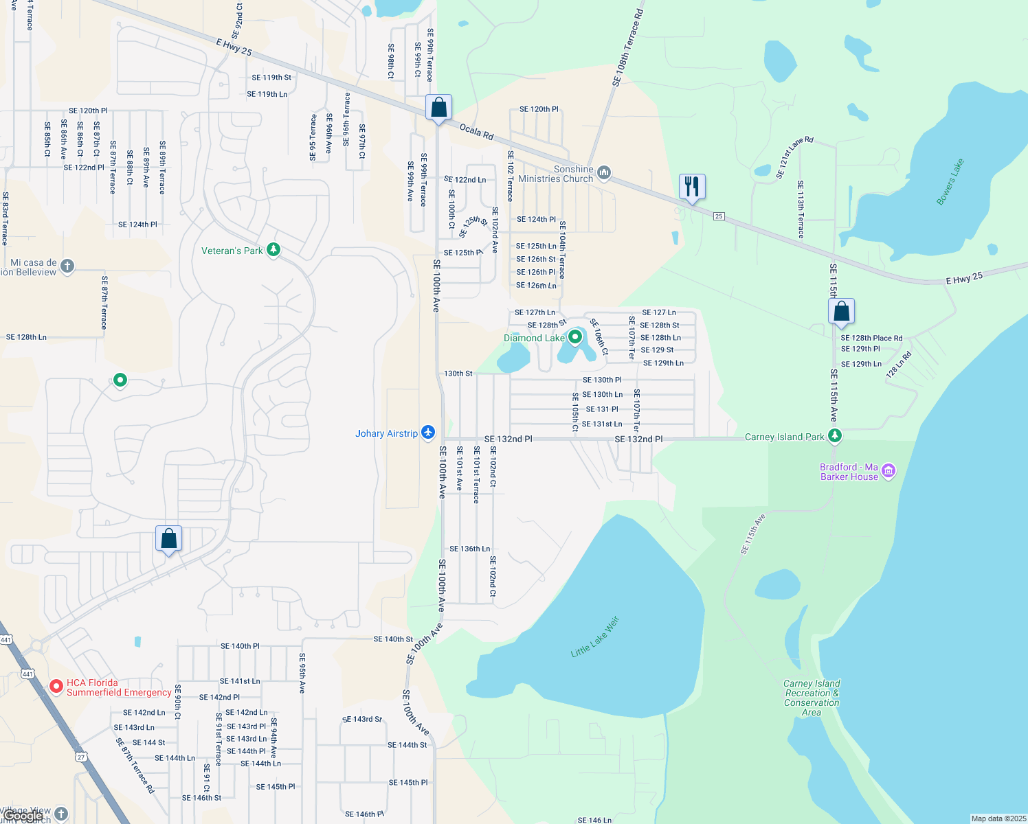 map of restaurants, bars, coffee shops, grocery stores, and more near 13165 Southeast 102nd Terrace in Ocklawaha