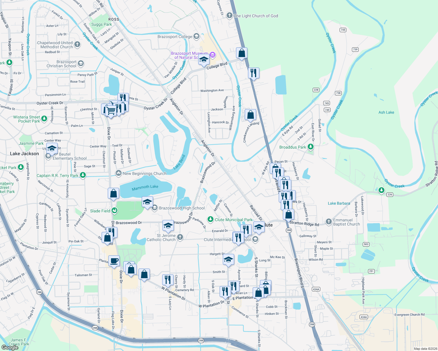 map of restaurants, bars, coffee shops, grocery stores, and more near 530 James St in Clute
