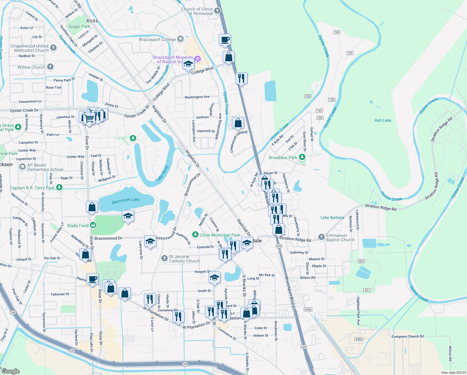 map of restaurants, bars, coffee shops, grocery stores, and more near 751 Saint Anne Street in Clute