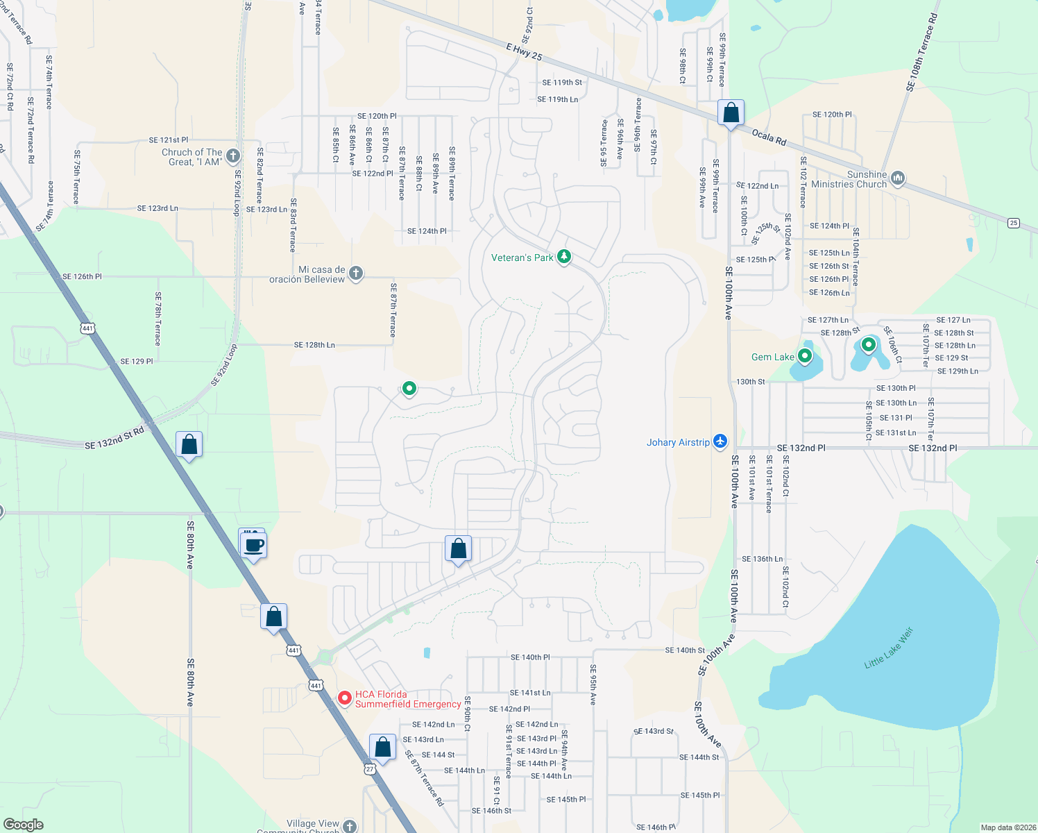 map of restaurants, bars, coffee shops, grocery stores, and more near 13280 Southeast 92nd Court Road in Summerfield