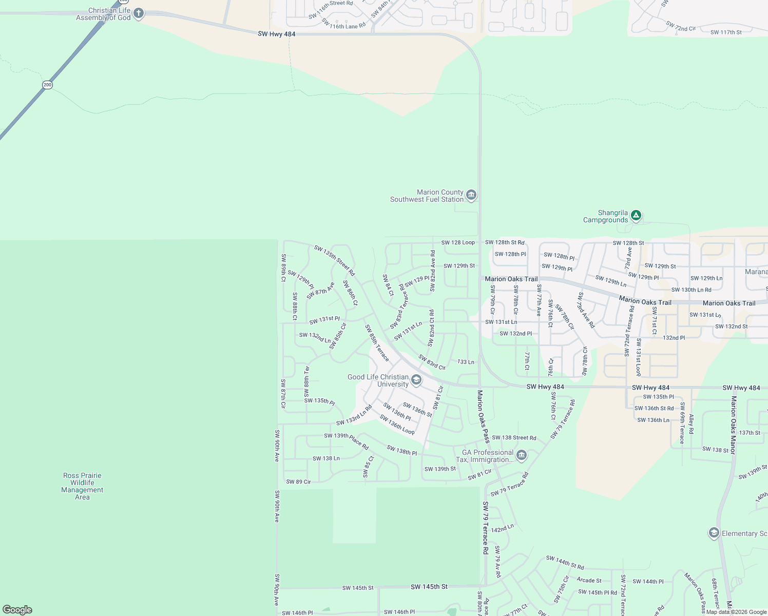 map of restaurants, bars, coffee shops, grocery stores, and more near 13092 Southwest 84th Terrace Road in Ocala